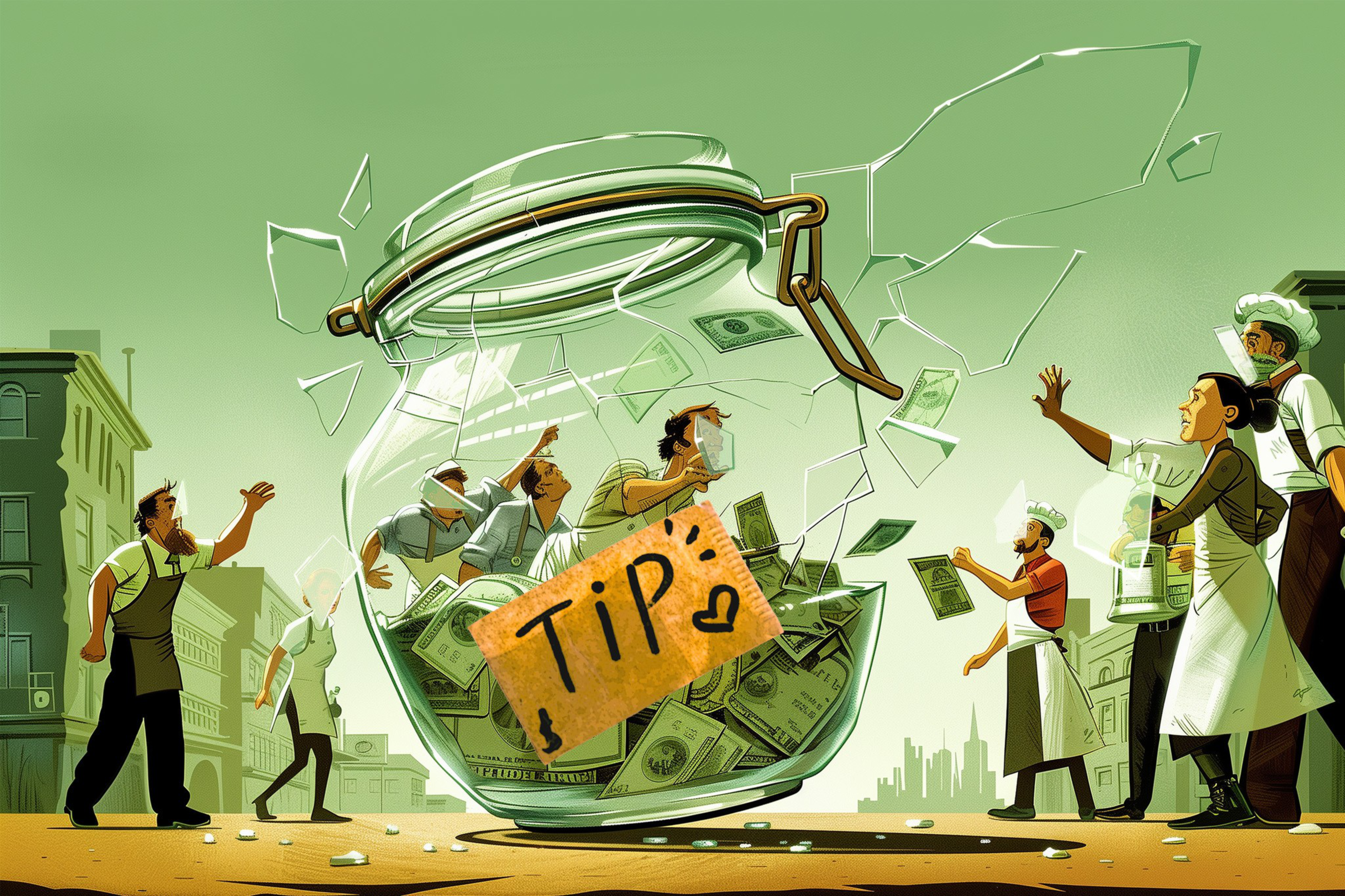 An illustration of a large glass tip jar breaking into pieces as people dressed as chefs and servers stand around and watch.