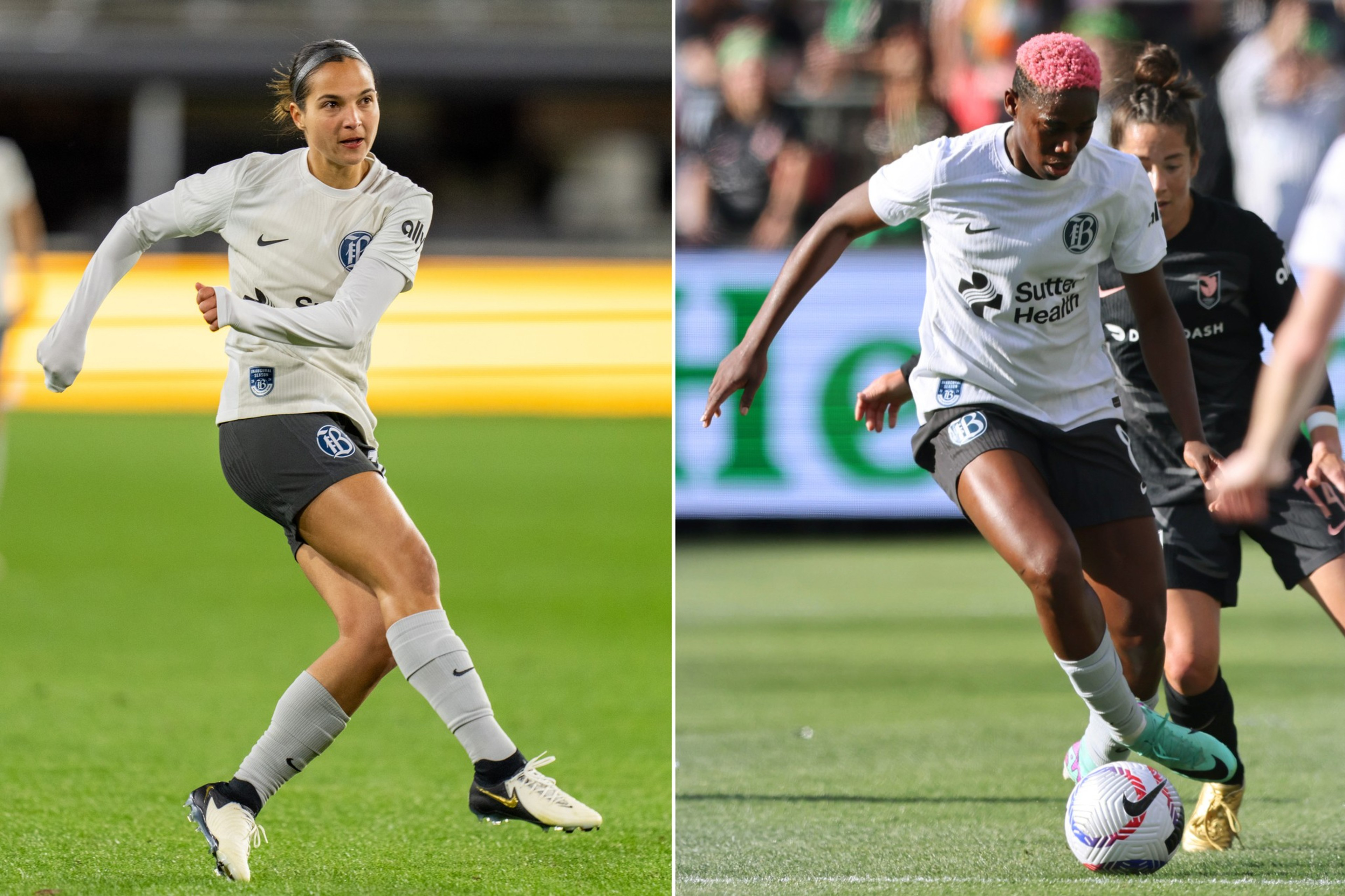 Two female soccer players in white kits are shown in action on the field.