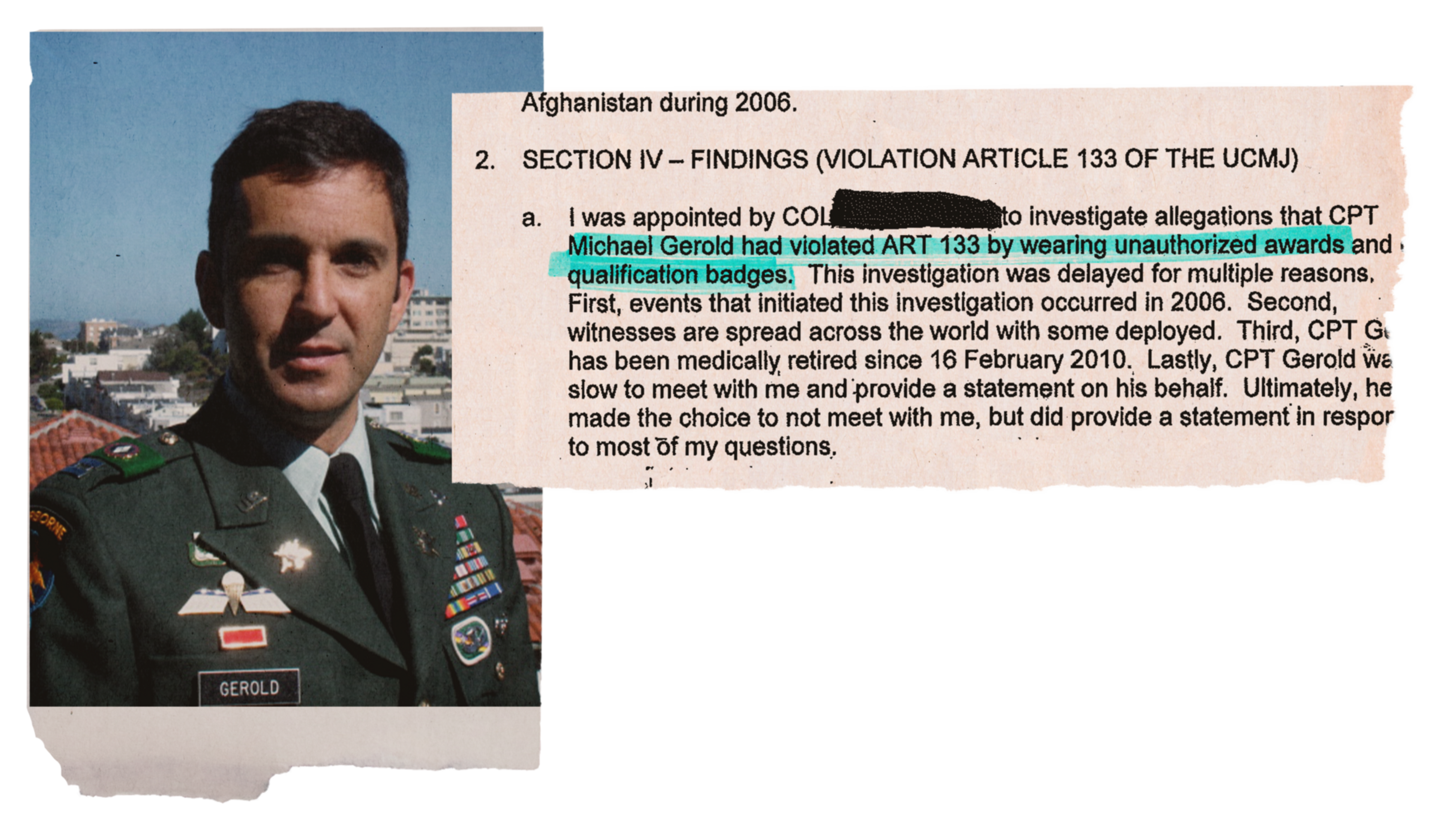 A man in a military uniform with the name tag “Gerold” stands outdoors, alongside a report excerpt stating he violated Article 133 by wearing unauthorized awards.