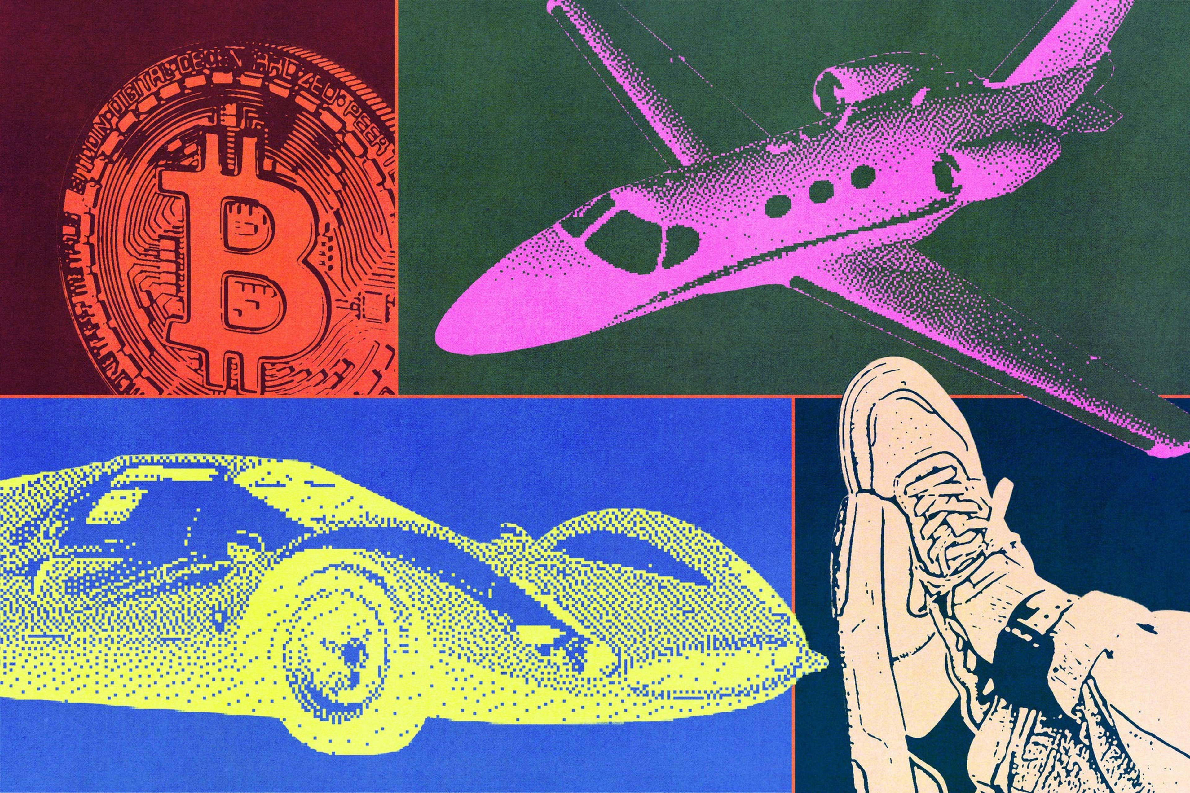 A red Bitcoin coin, a pink private jet, a yellow sports car, and a pair of crossed sneakers are set against green and blue backgrounds.