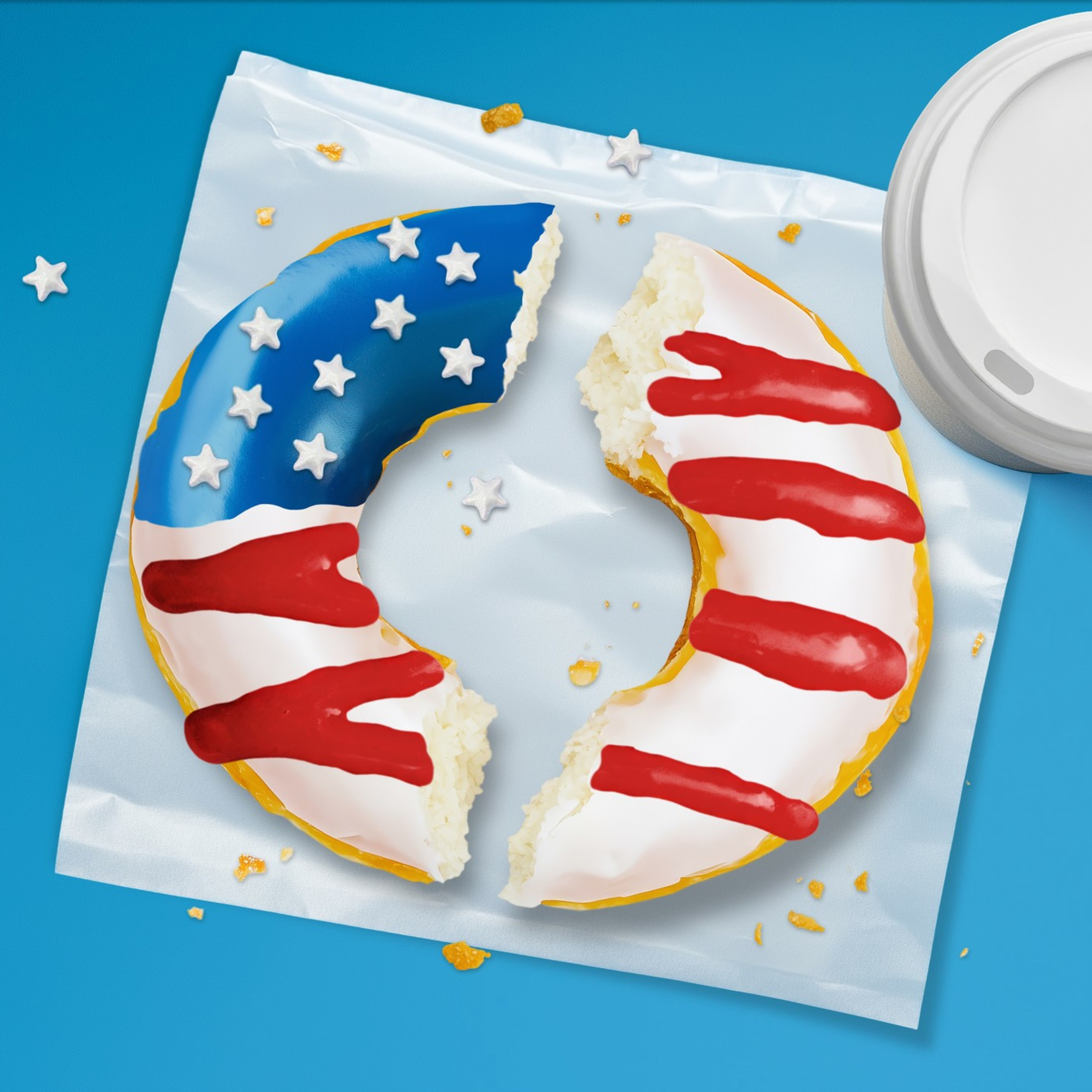 An illustration of a donut cut in half sitting next to a cup of coffee.