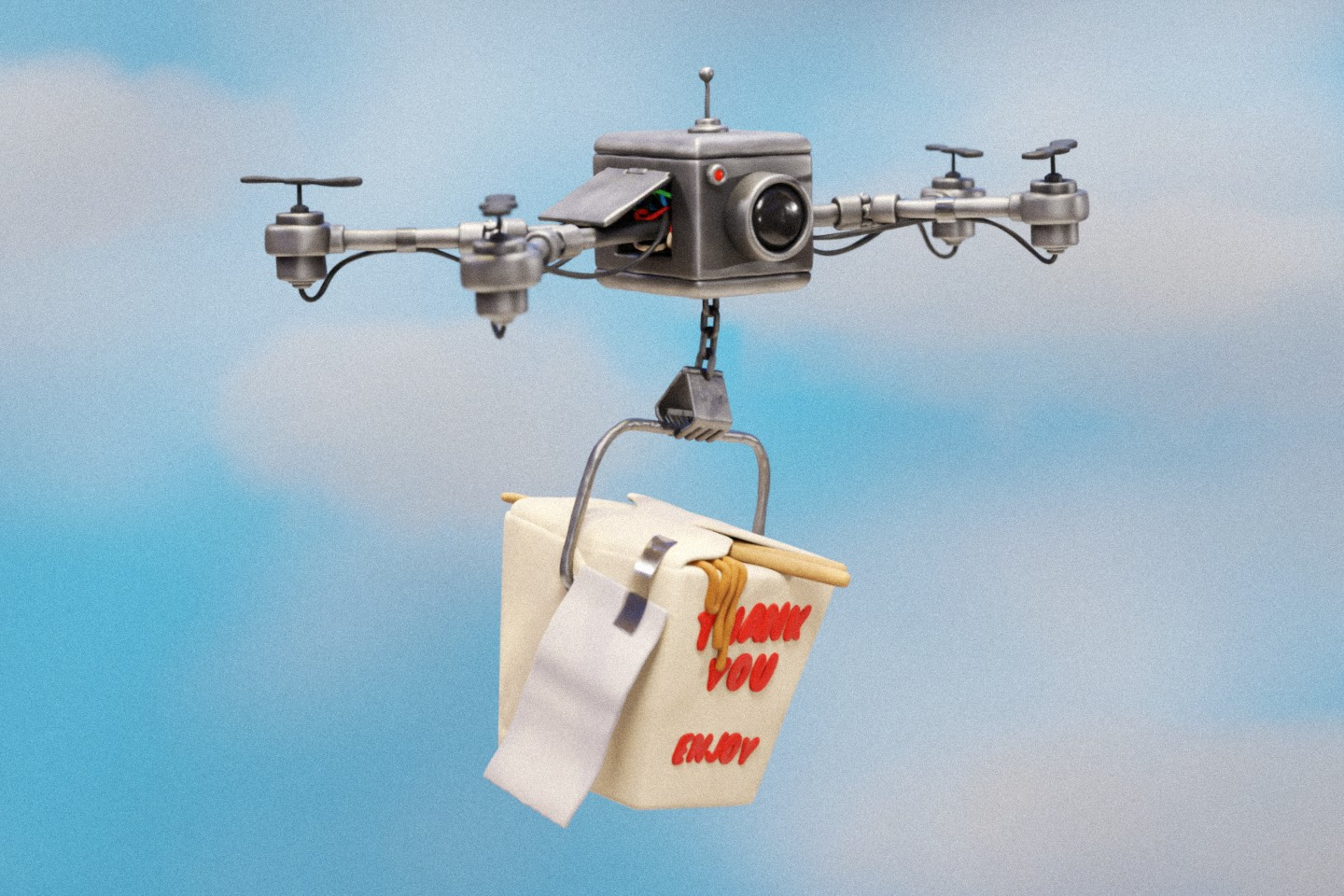A drone carries a takeout container with chopsticks and a receipt attached, against a blue sky with soft clouds.