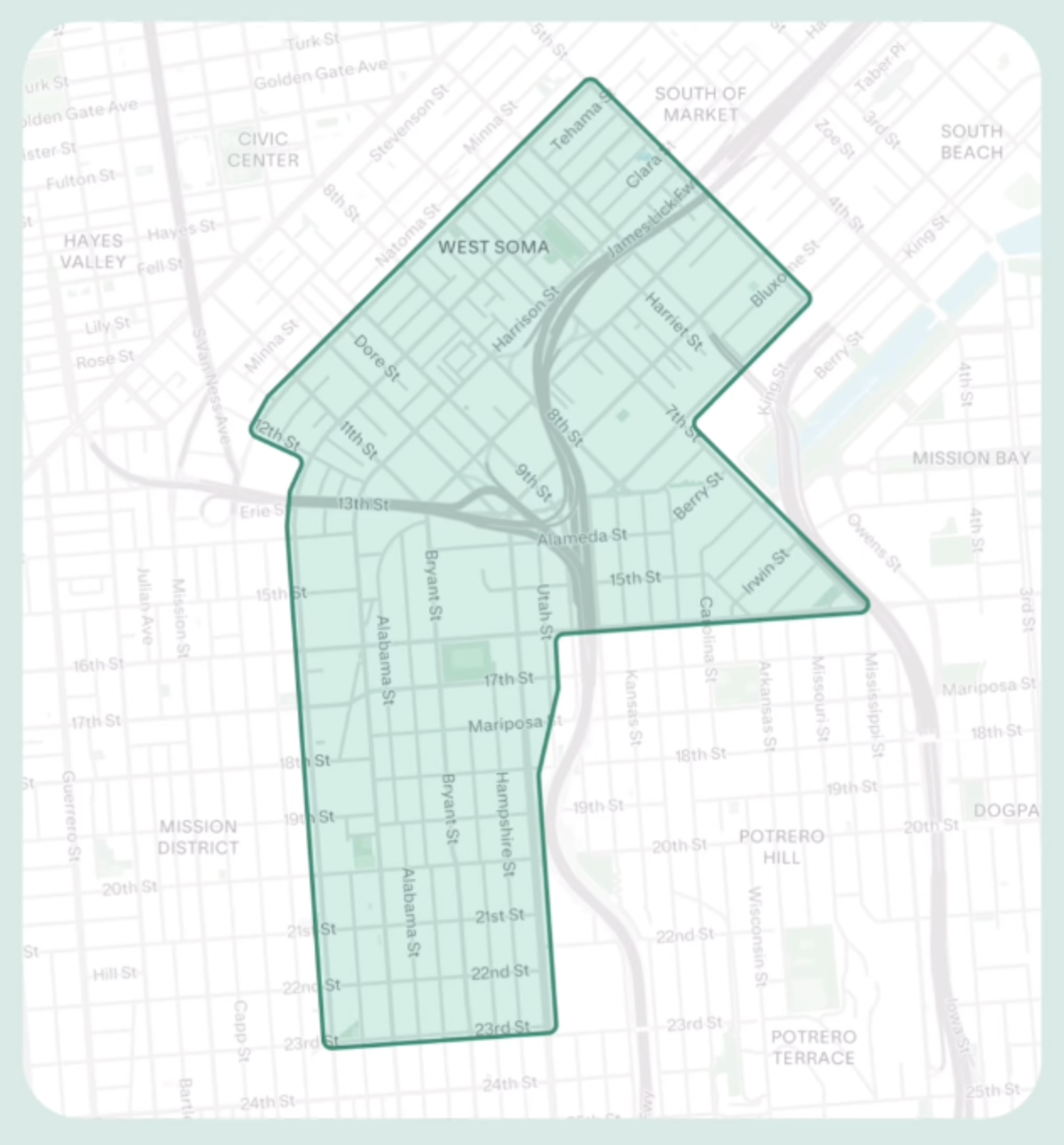 A highlighted boundary outlines the West SOMA neighborhood in San Francisco, bordered by streets including Tehama, 7th, 23rd, and 11th.