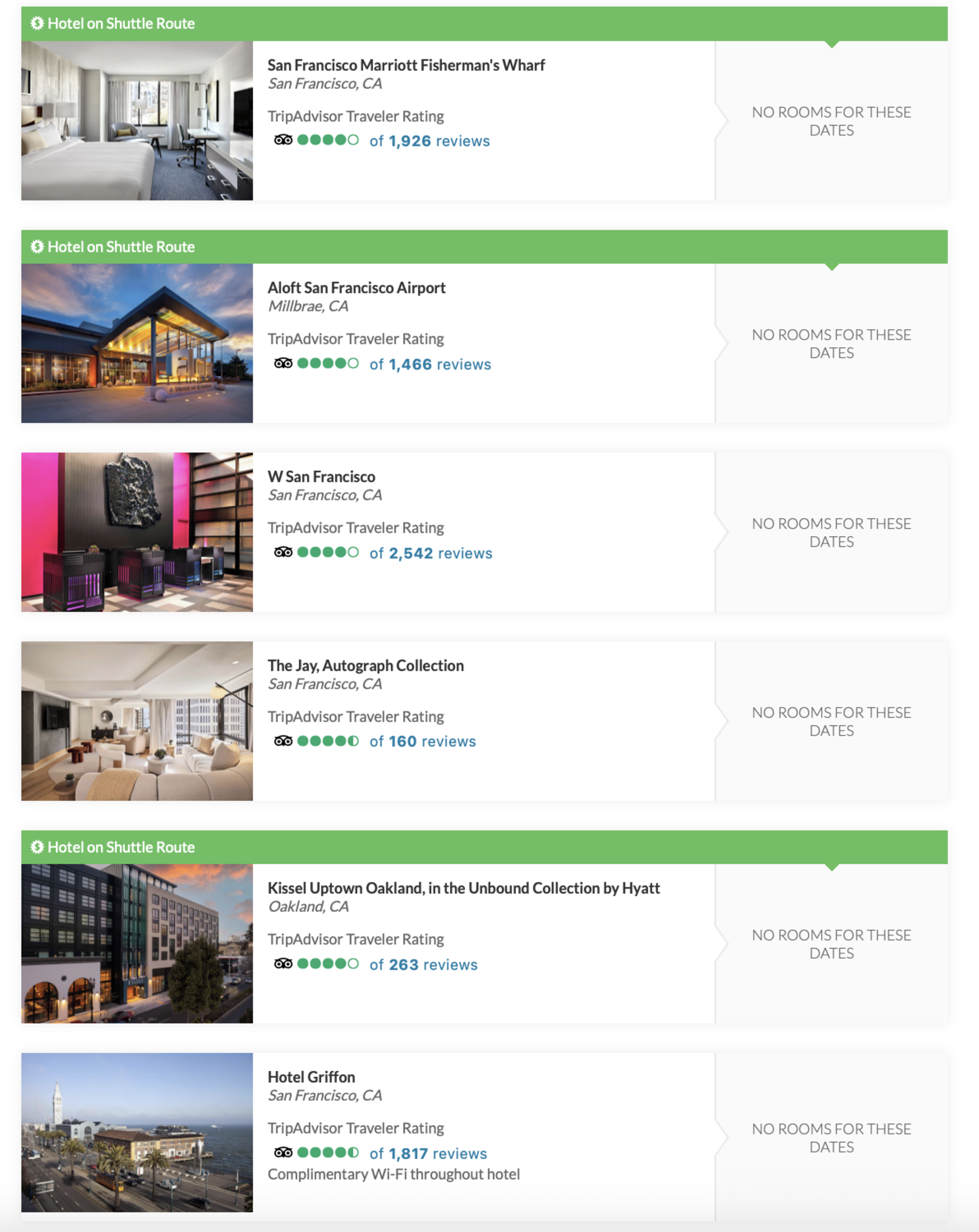 Six hotels in California are listed with photos, locations, TripAdvisor ratings, and all show “No Rooms For These Dates” availability.