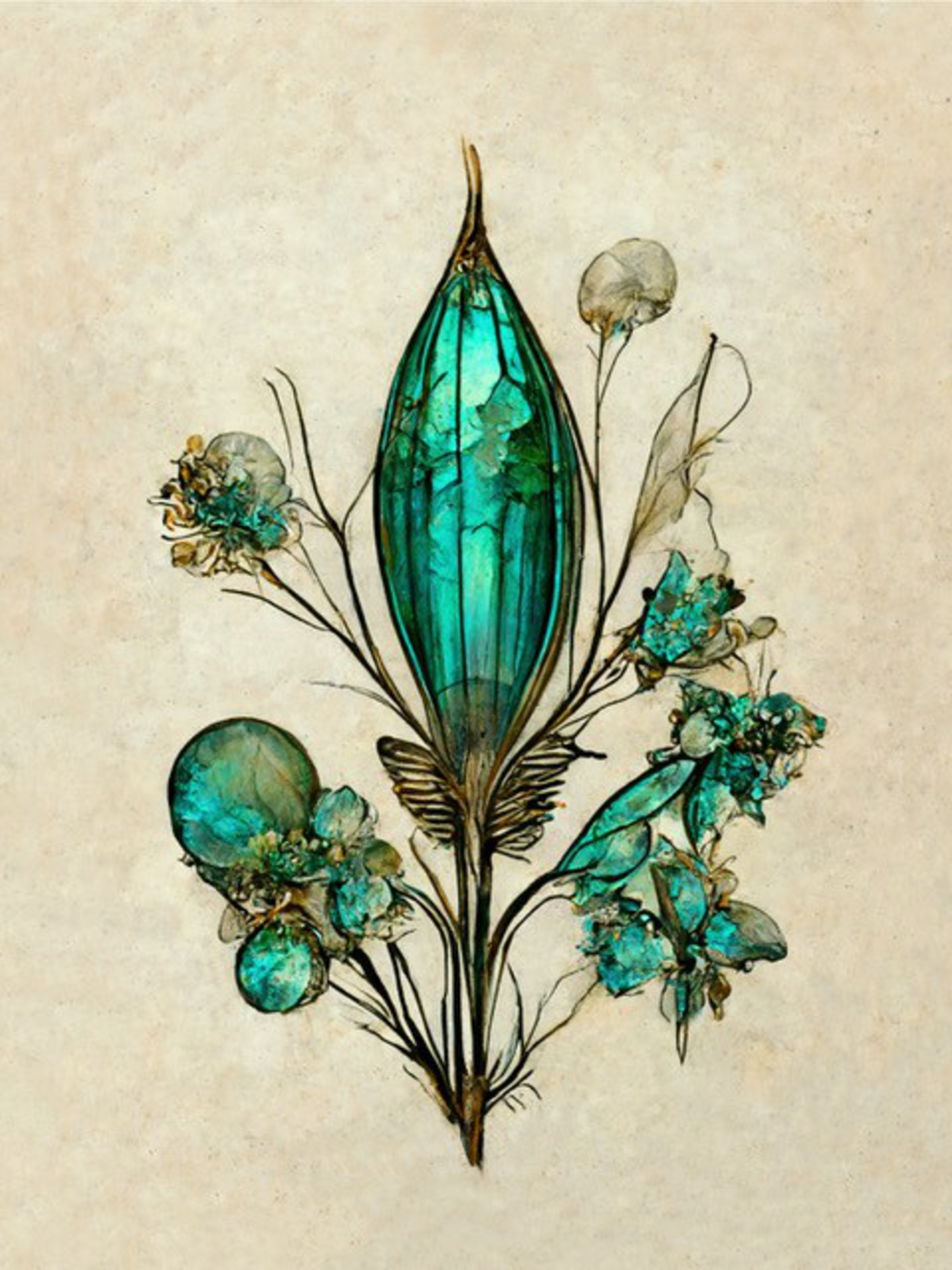 A delicate botanical arrangement features translucent turquoise leaves and flowers with fine dark stems on a beige, textured background.