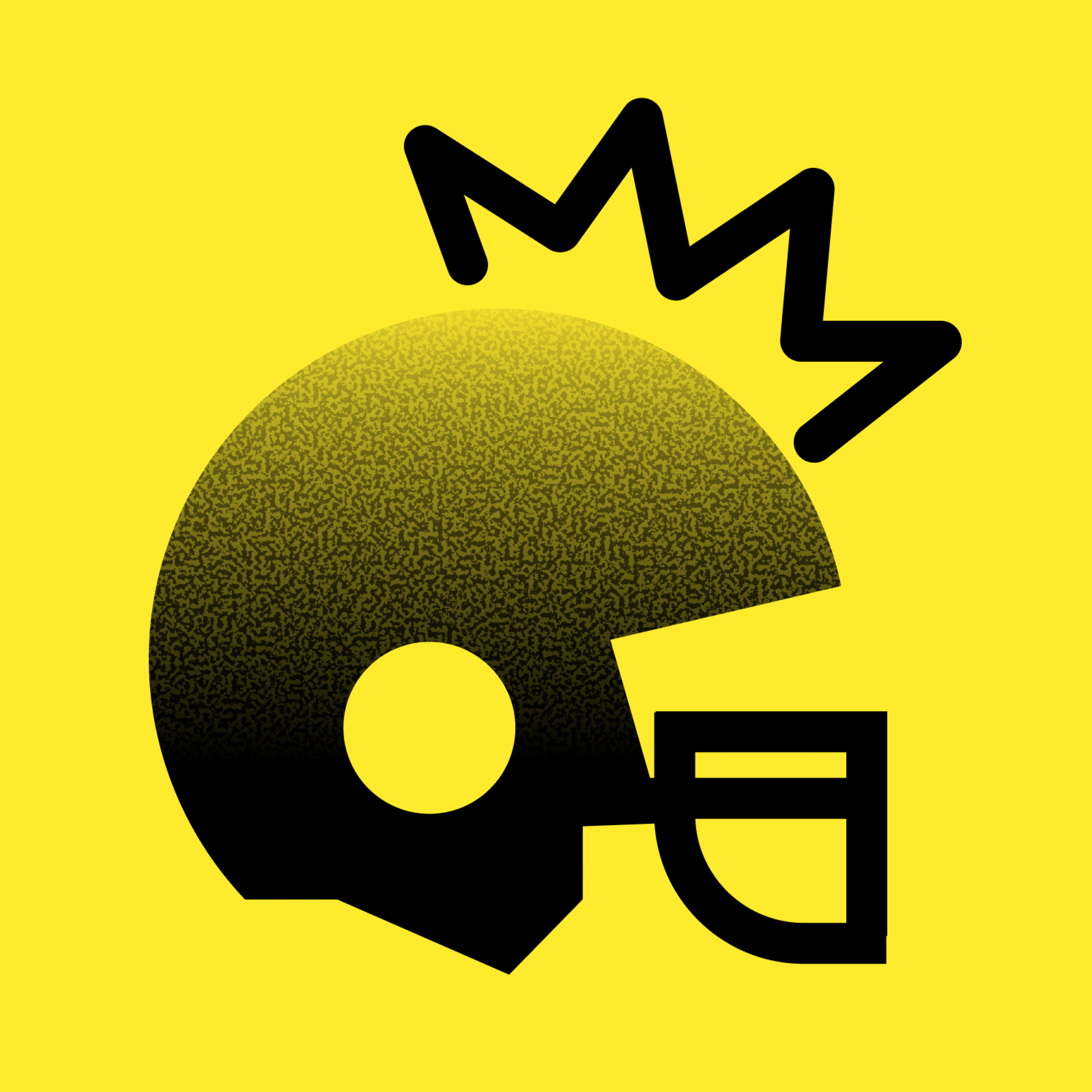 A black football helmet icon with zigzag lines above it on a bright yellow background.