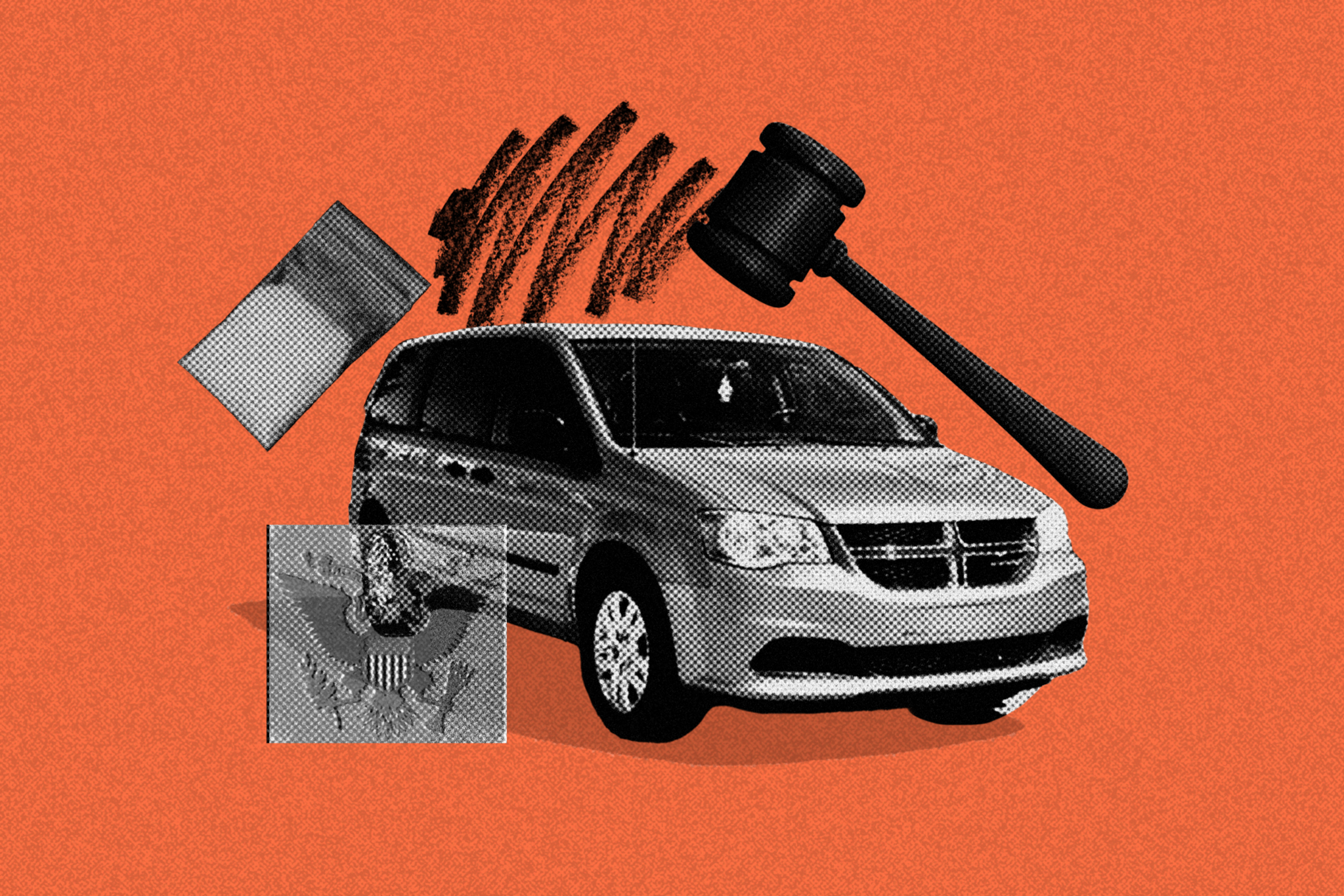 A silver minivan is shown with a judge's gavel above it, a small seal of the U.S. government below, a packet to the left, and black scribbles on an orange background.