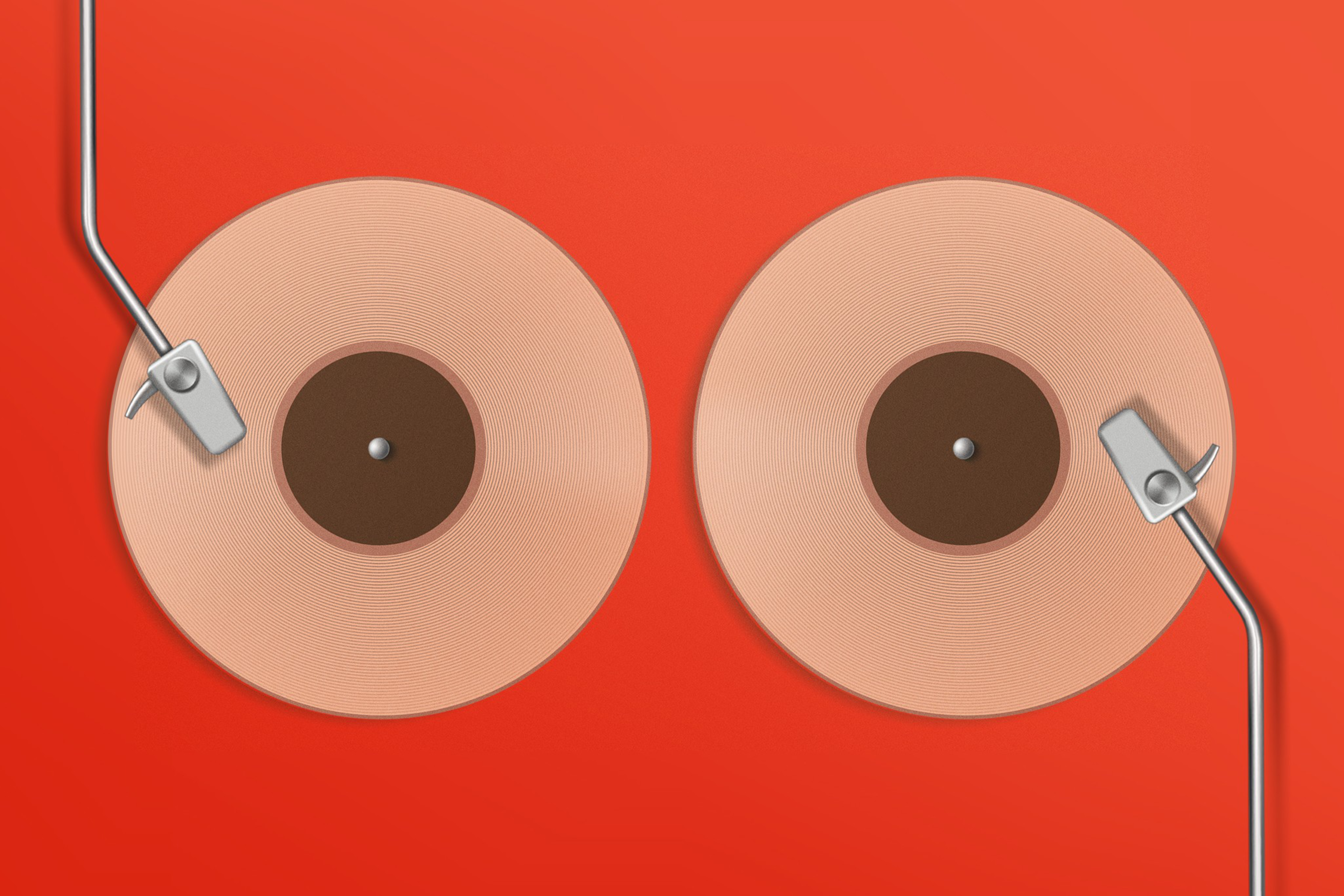 Two vinyl records with brown centers resemble female breasts, with silver record players positioned like nipples, set against a red background.