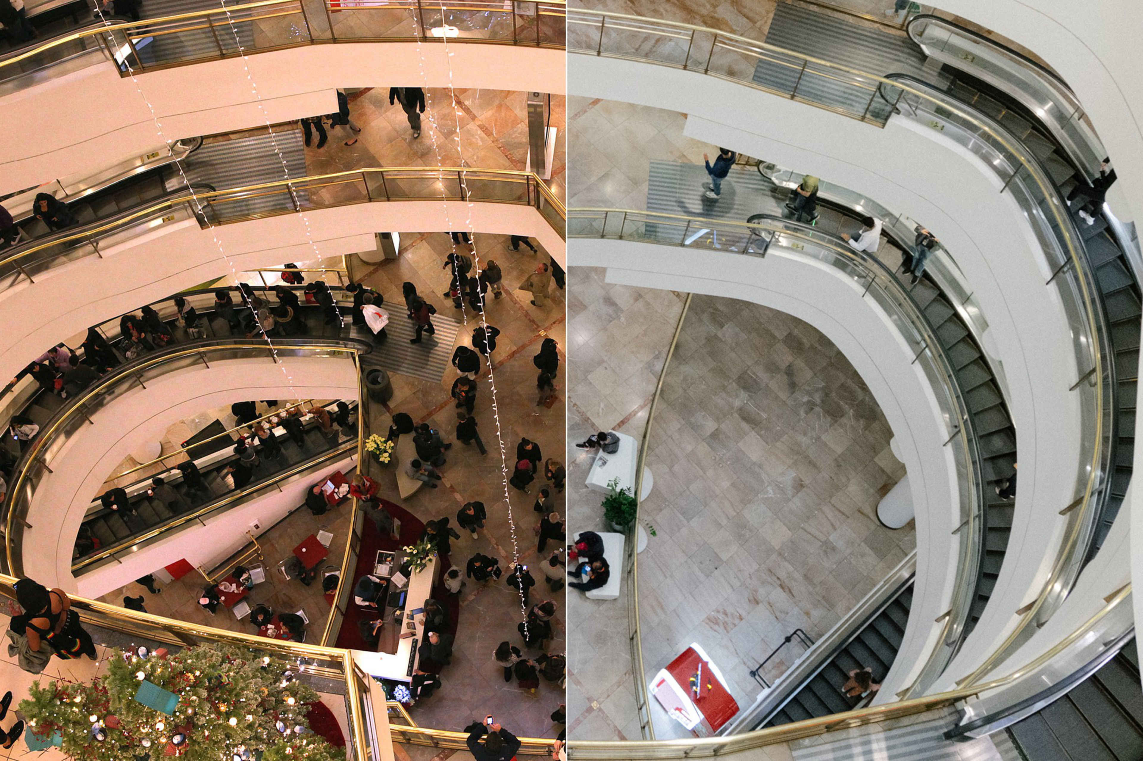 A split-view of a shopping mall's interior showing curved escalators from above, bustling with shoppers and cafÃ© goers.