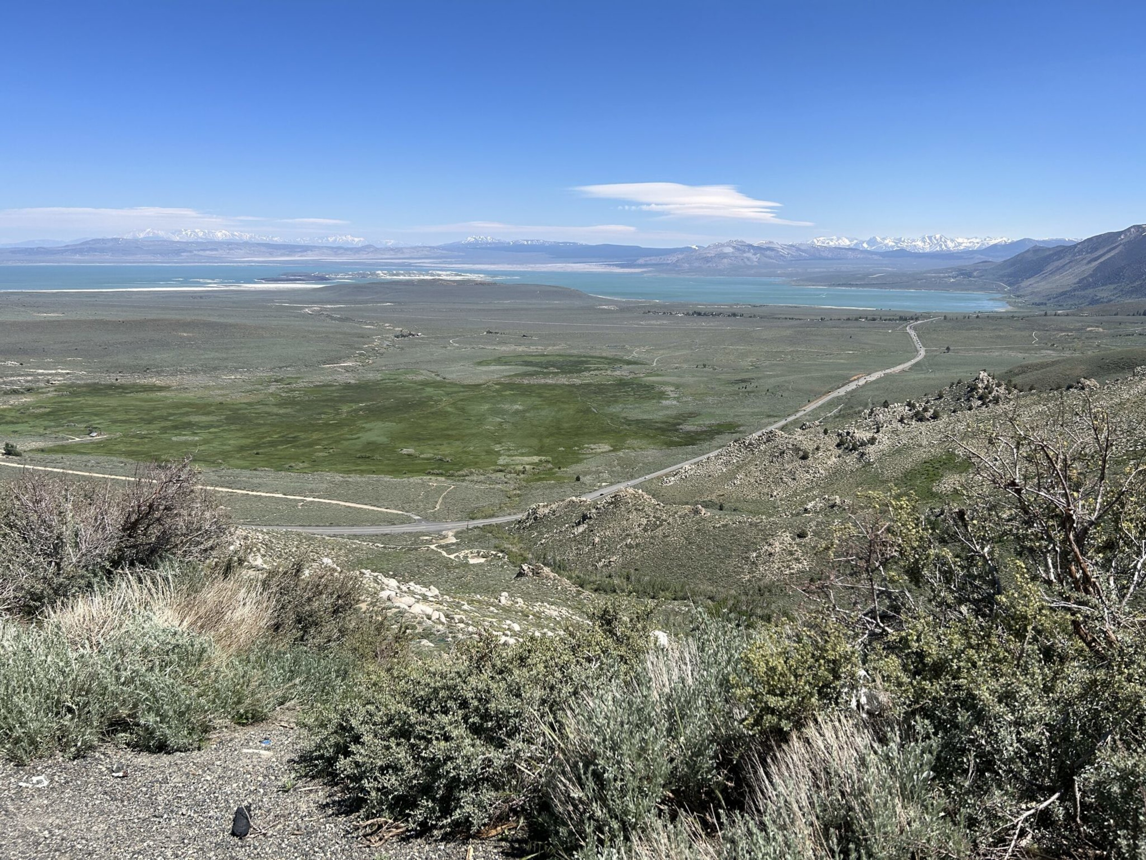 A vast green valley extends to a blue lake with snow-capped mountains in the background under a clear blue sky with sparse clouds.