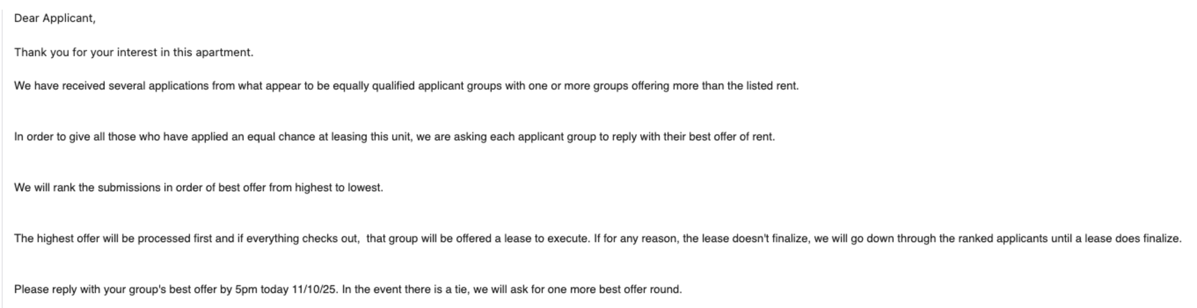 An apartment leasing notice requests applicants to submit their best rent offers by 5pm on 11/10/25, as multiple equally qualified groups applied.