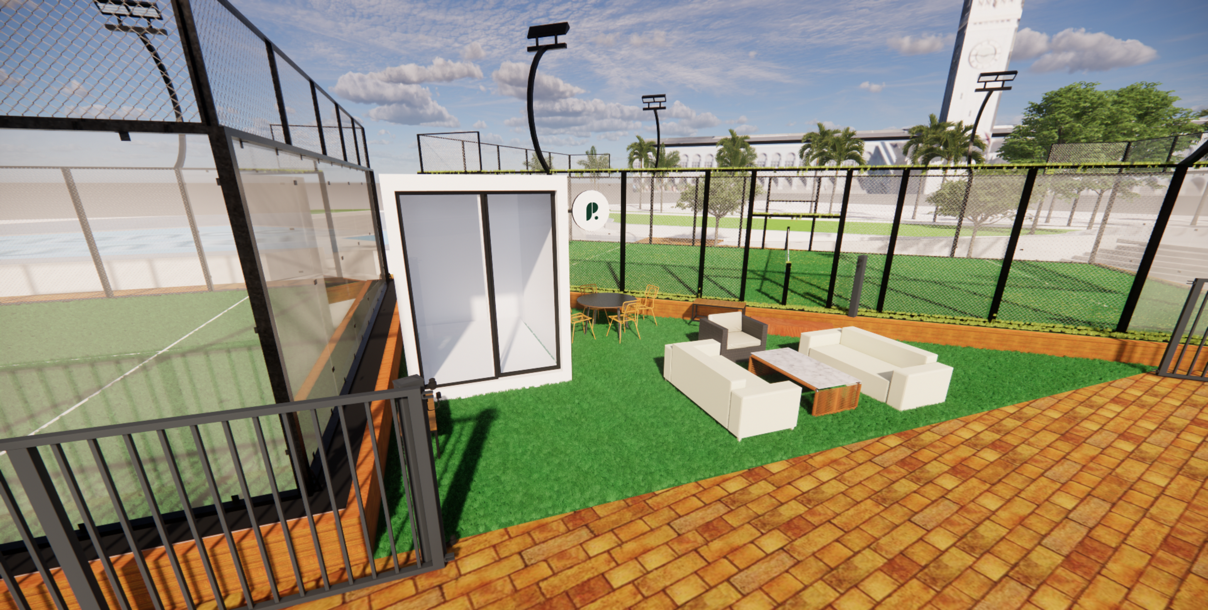 A fenced outdoor patio with artificial grass includes a white modern couch set with a coffee table, two small tables with chairs, and a white structure with a door.