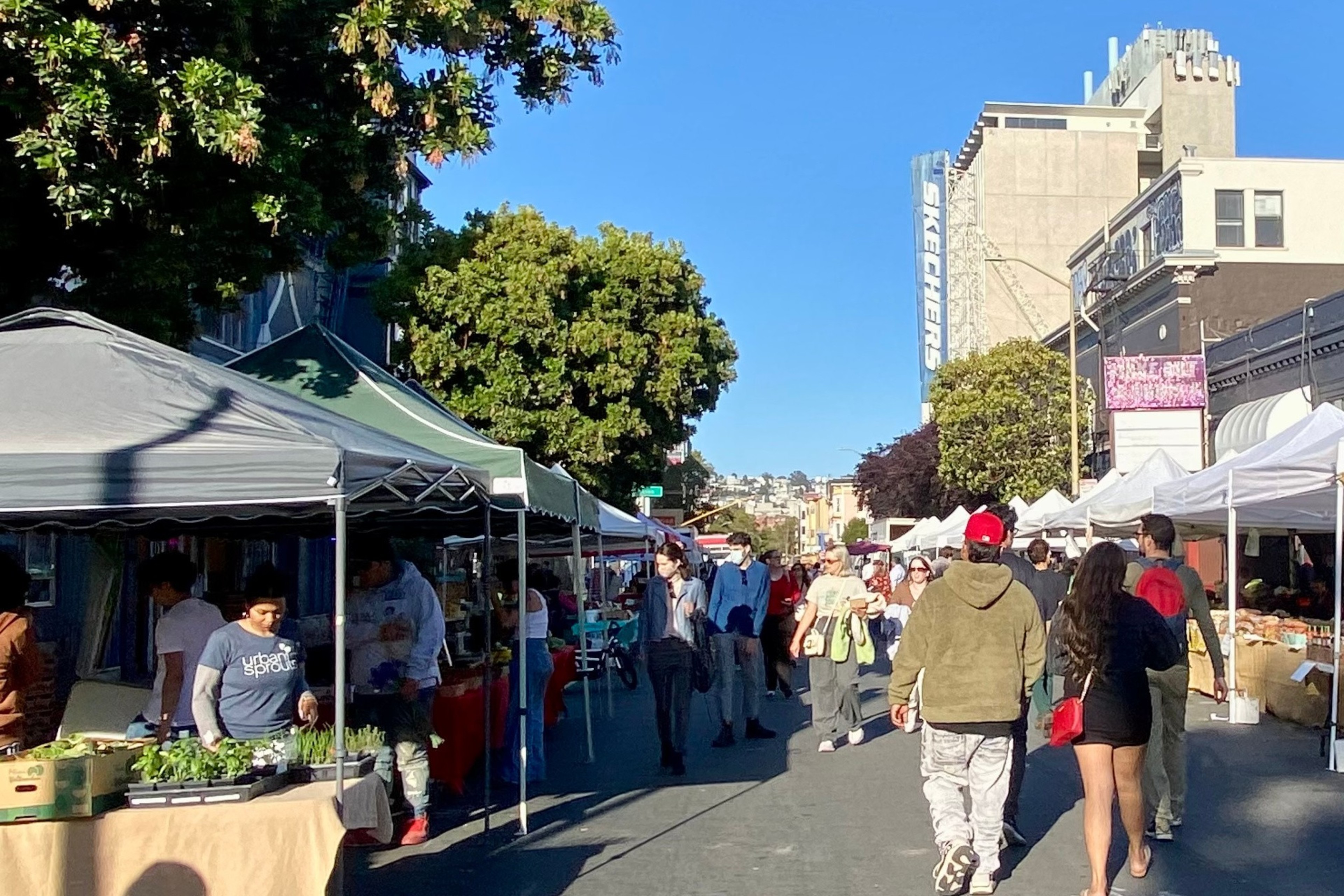 The image shows a busy street market with people walking among vendor tents. Trees line the street, and a &quot;SKECHERS&quot; sign is visible on a building.