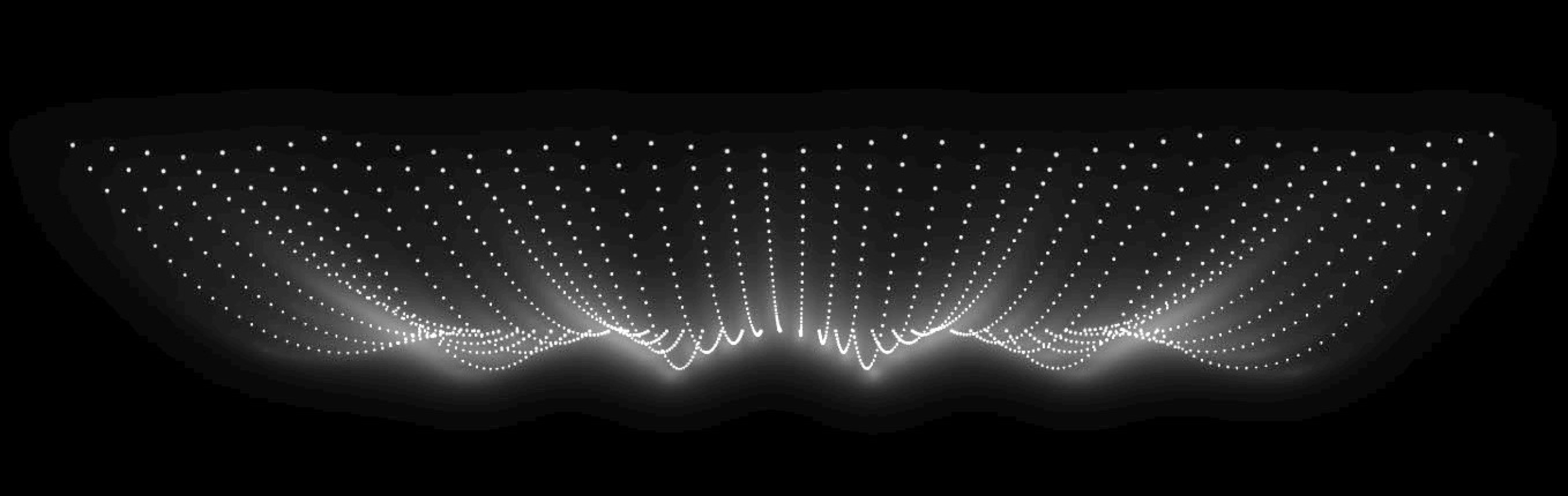 The image shows rows of white dots forming a curved wave-like pattern on a black background, creating an effect of depth and flowing motion.