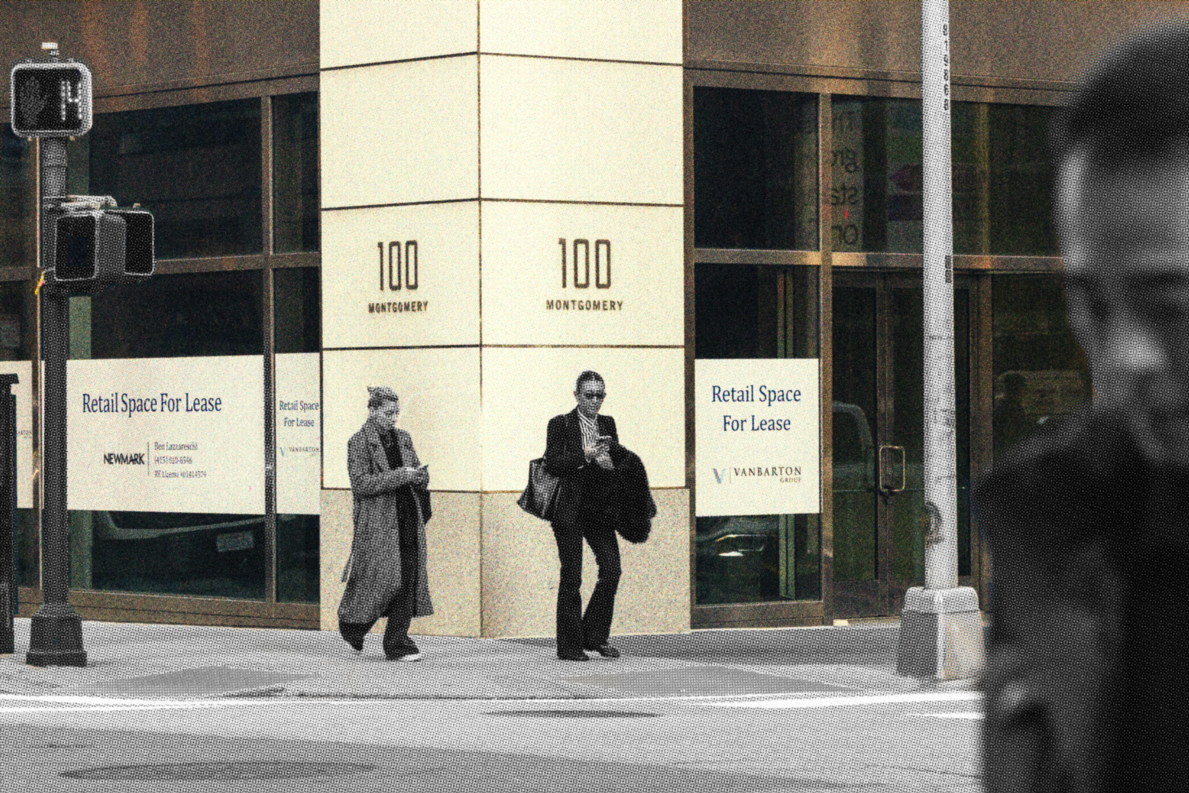 Two people dressed in dark coats walk past a building with glass windows displaying "Retail Space For Lease" signs at 100 Montgomery.