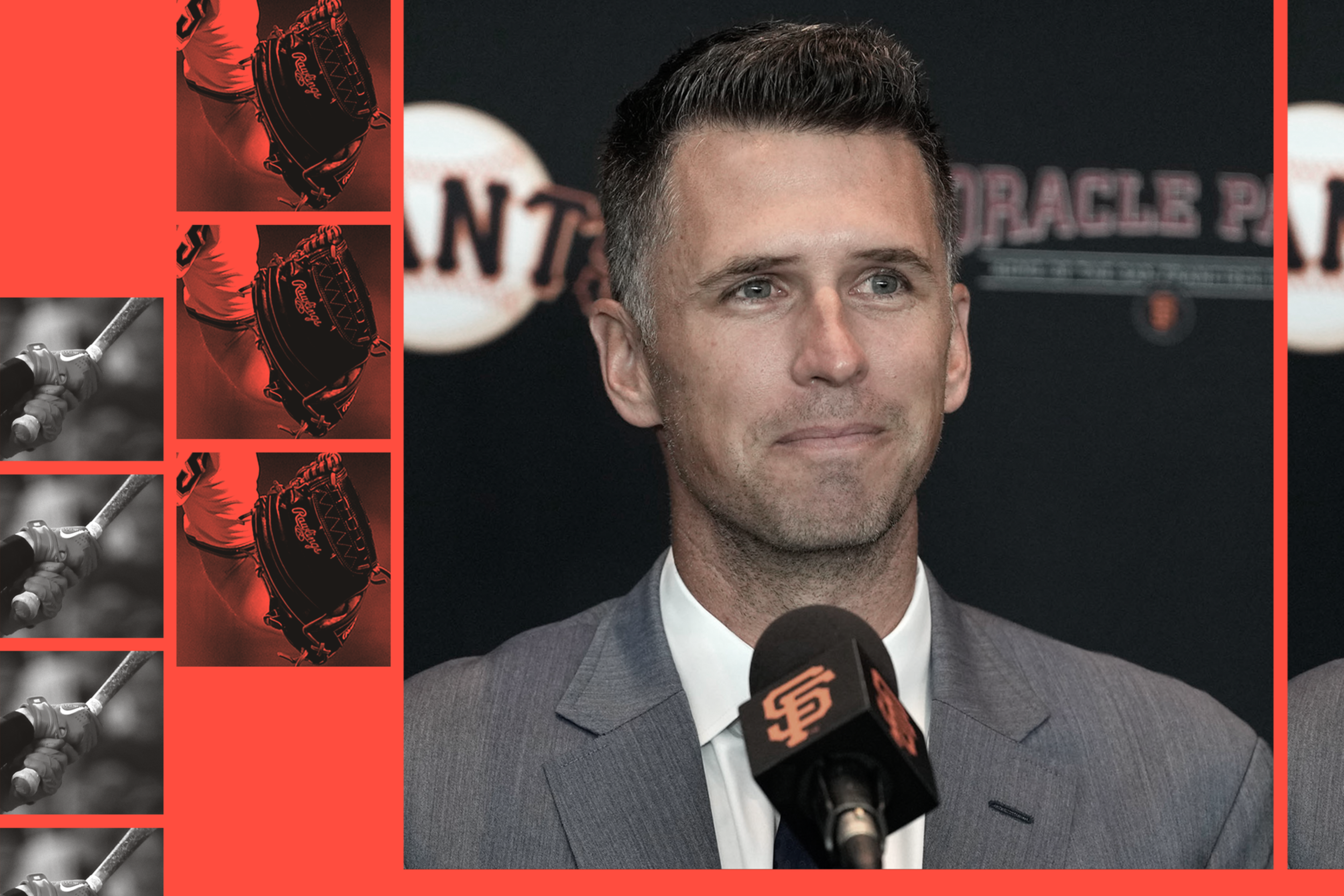 A man in a gray suit stands at a microphone with the San Francisco Giants logo, with repeated red and black images of baseball gloves and bats on the left.