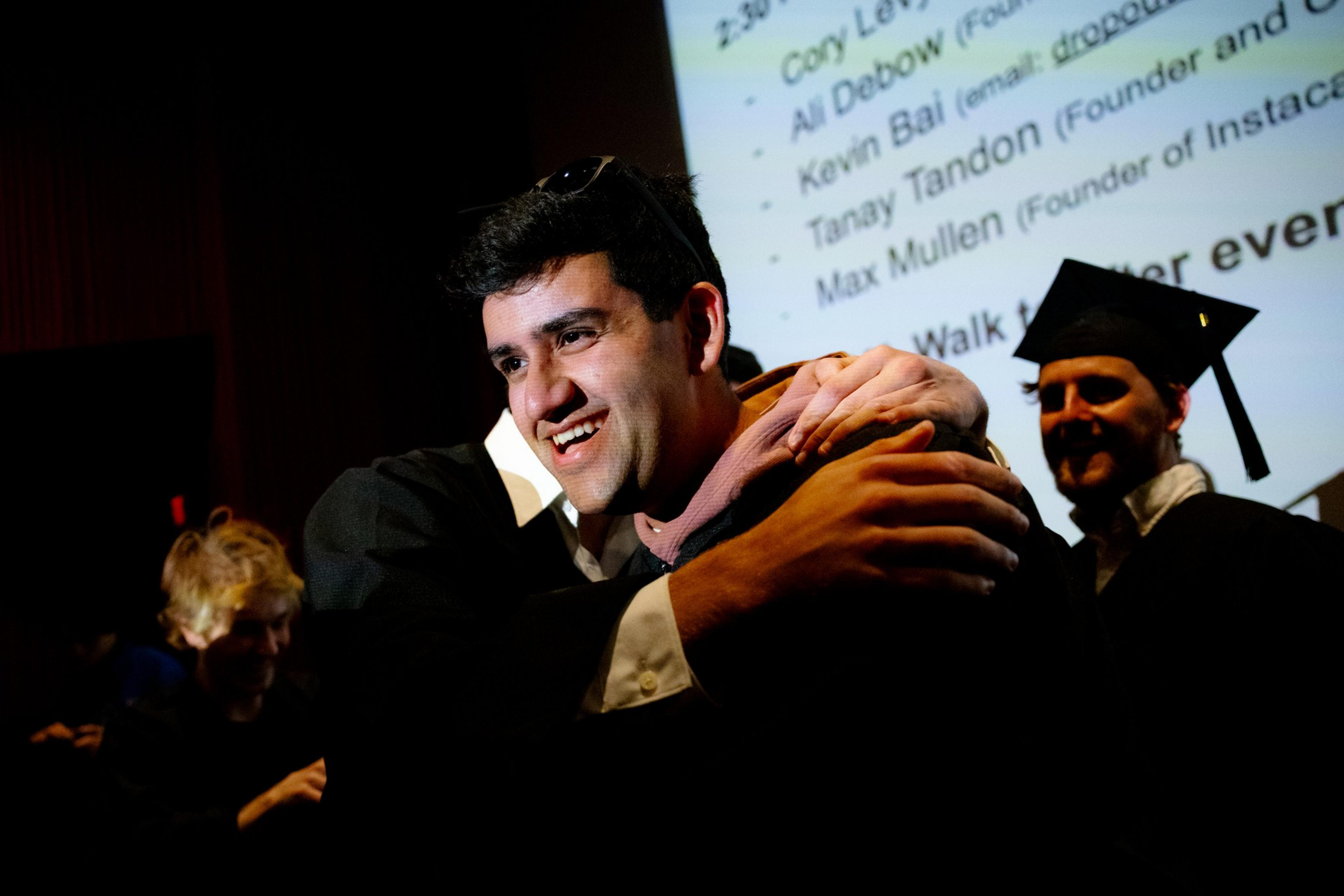 Dozens of college dropouts who transitioned into tech careers attended a commencement ceremony and a networking event afterwards at the Marina Theater in San Francisco, on Saturday, May 10, 2025. A graduation ceremony was organized by young people in the startup community for those who dropped out of university before obtaining a degree to pursue careers in the technology industry.
