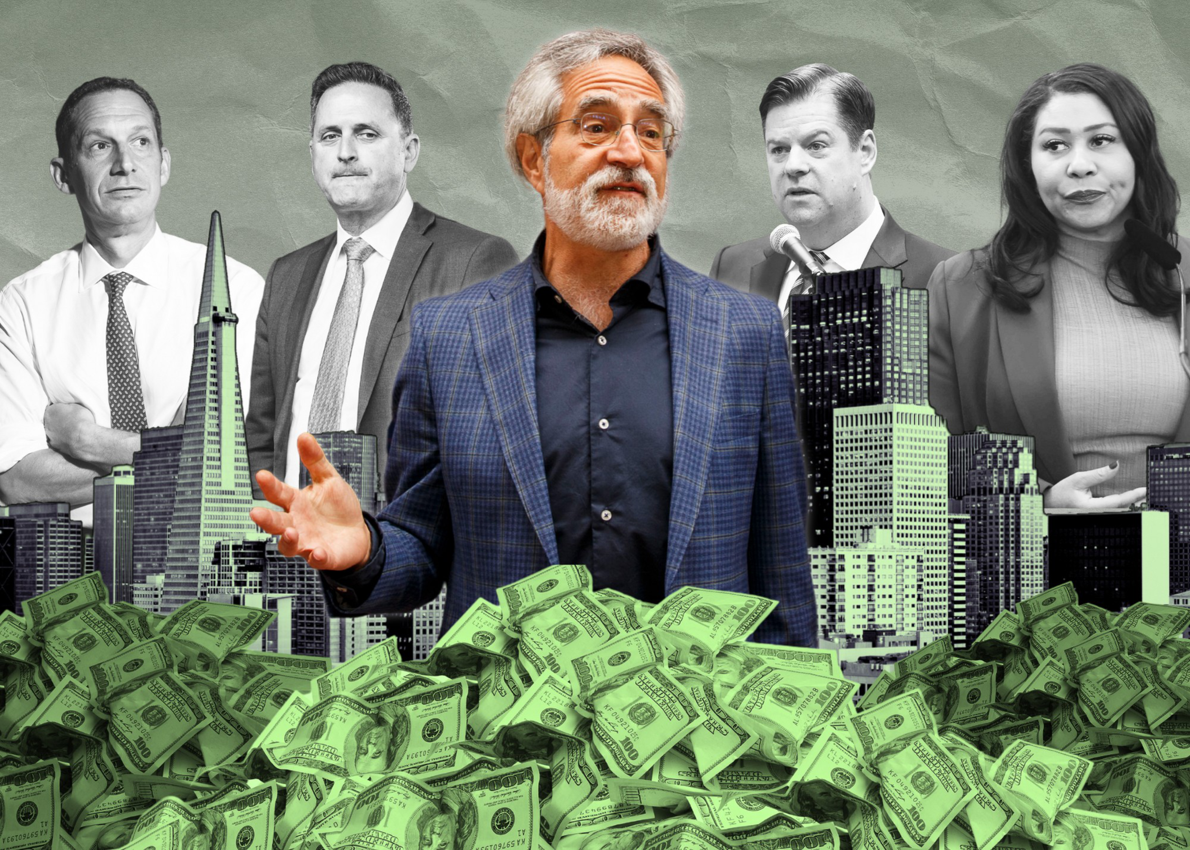Five people and skyscrapers overlaid on money piles. The central figure gestures openly, while others appear more reserved.