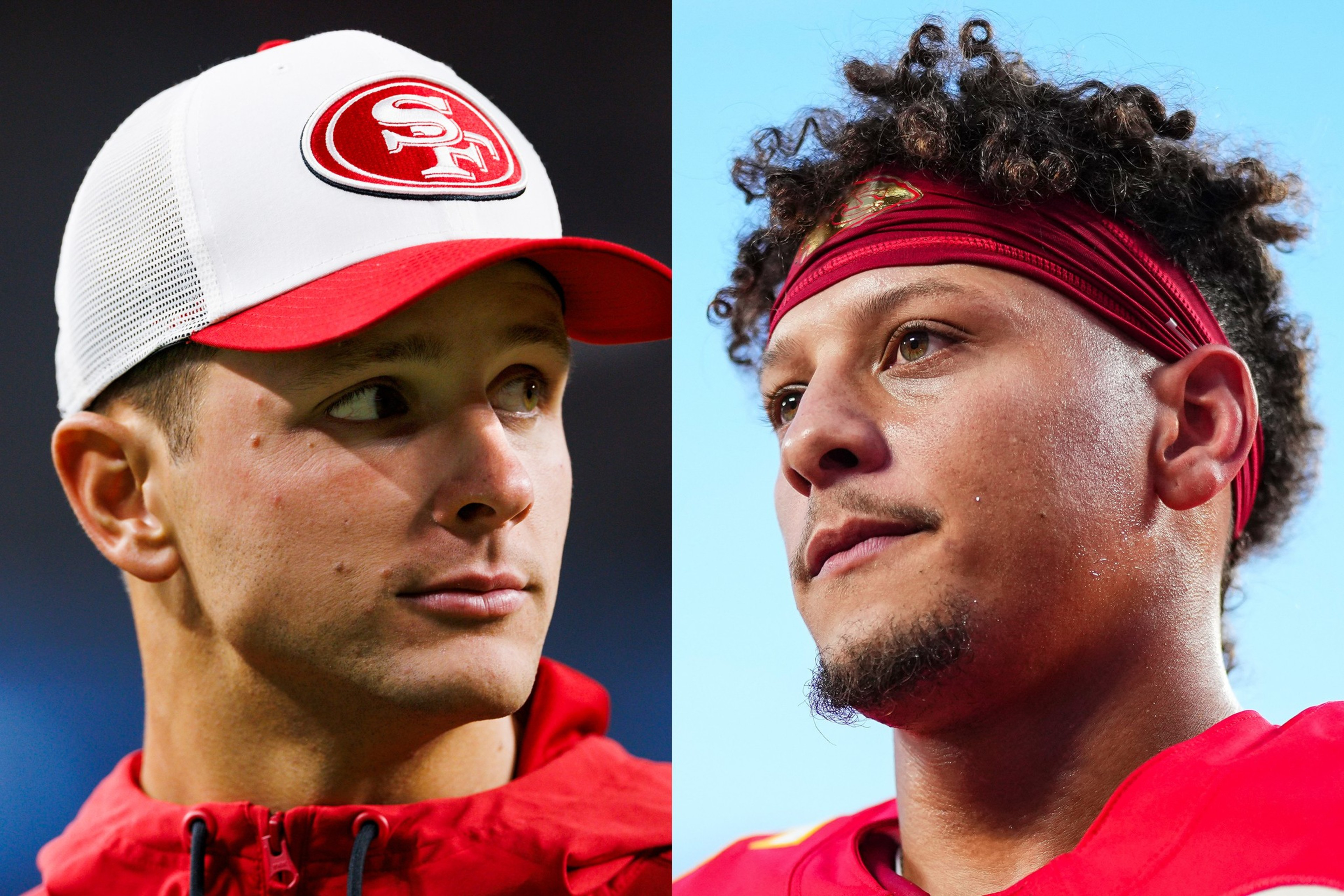 The image shows two athletes. The one on the left wears a white and red cap with a logo, and the one on the right has a red headband and curly hair.