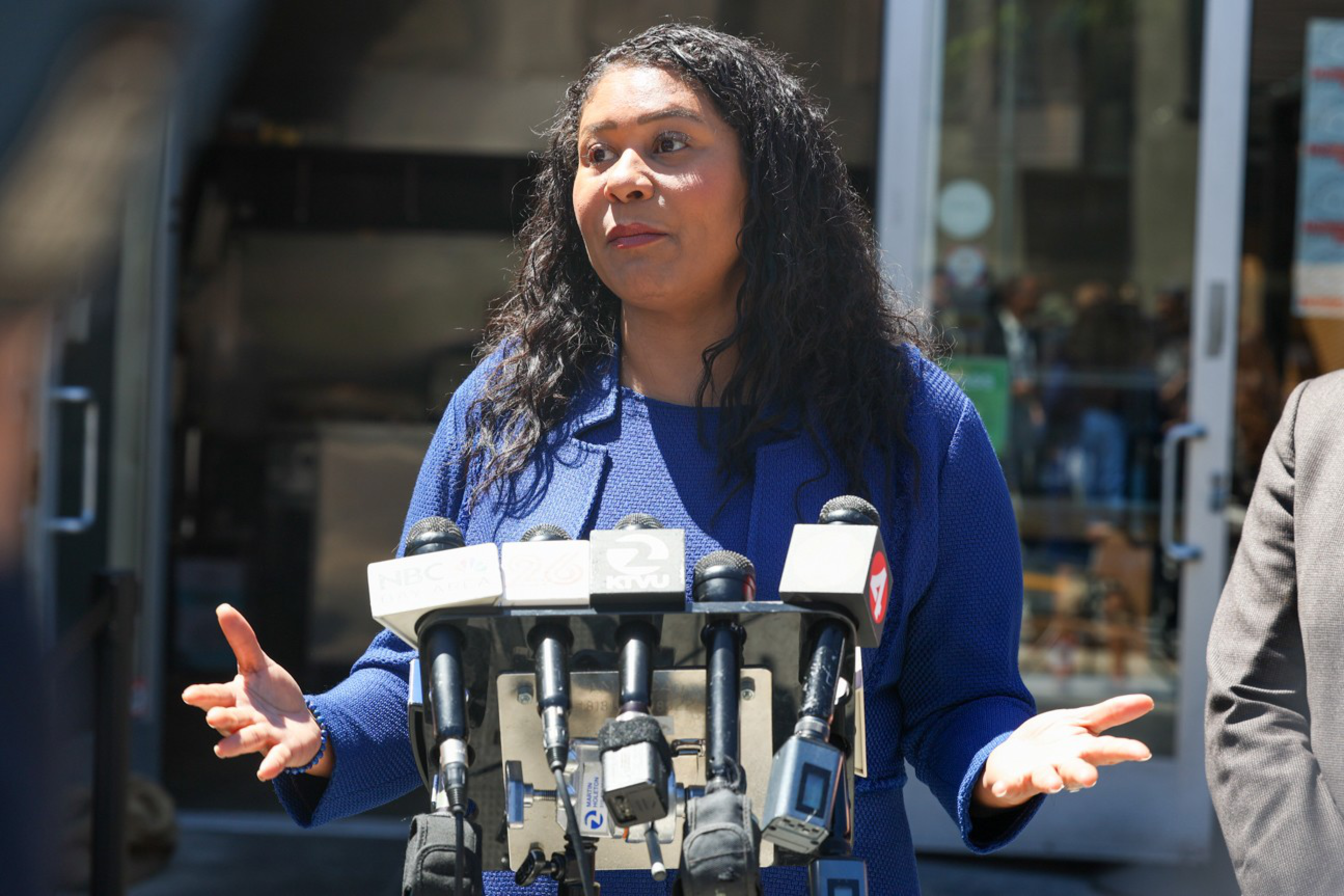 Mayor London Breed speaks at a press conference