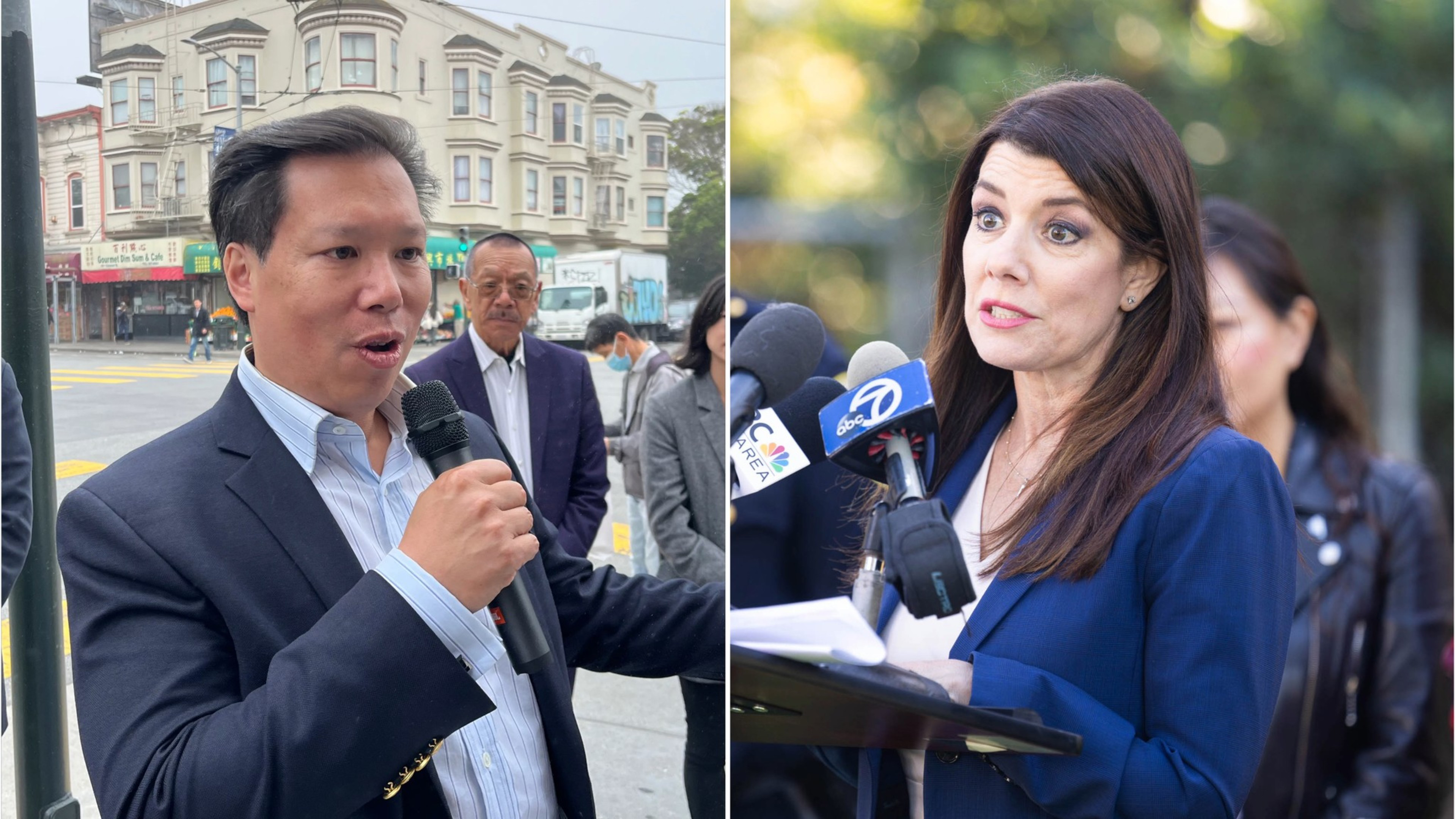 Split image: left shows a man speaking into a microphone; right shows a woman addressing microphones, blurred background.