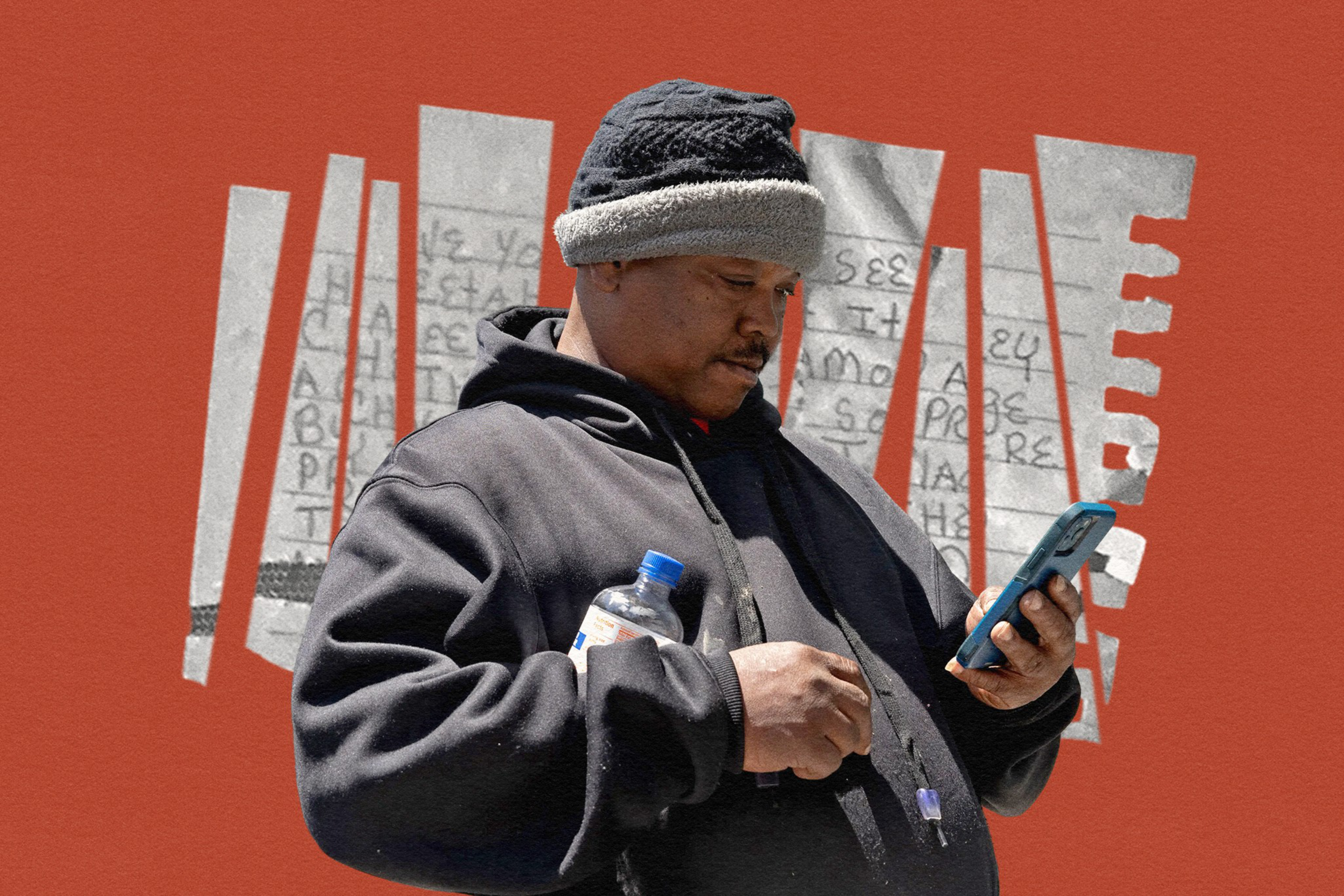 A collage of a man on his phone with ripped paper behind him.