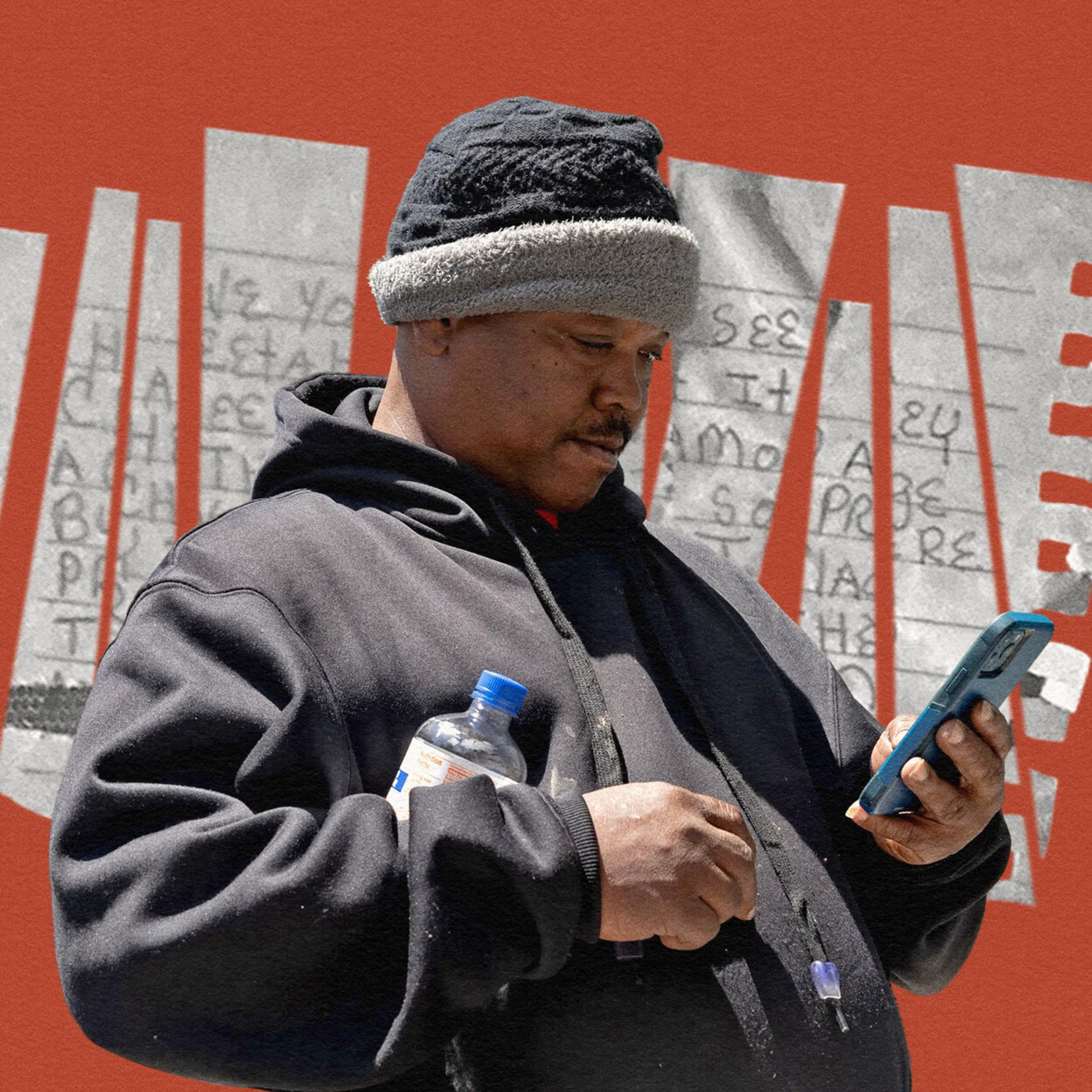 A collage of a man on his phone with ripped paper behind him.