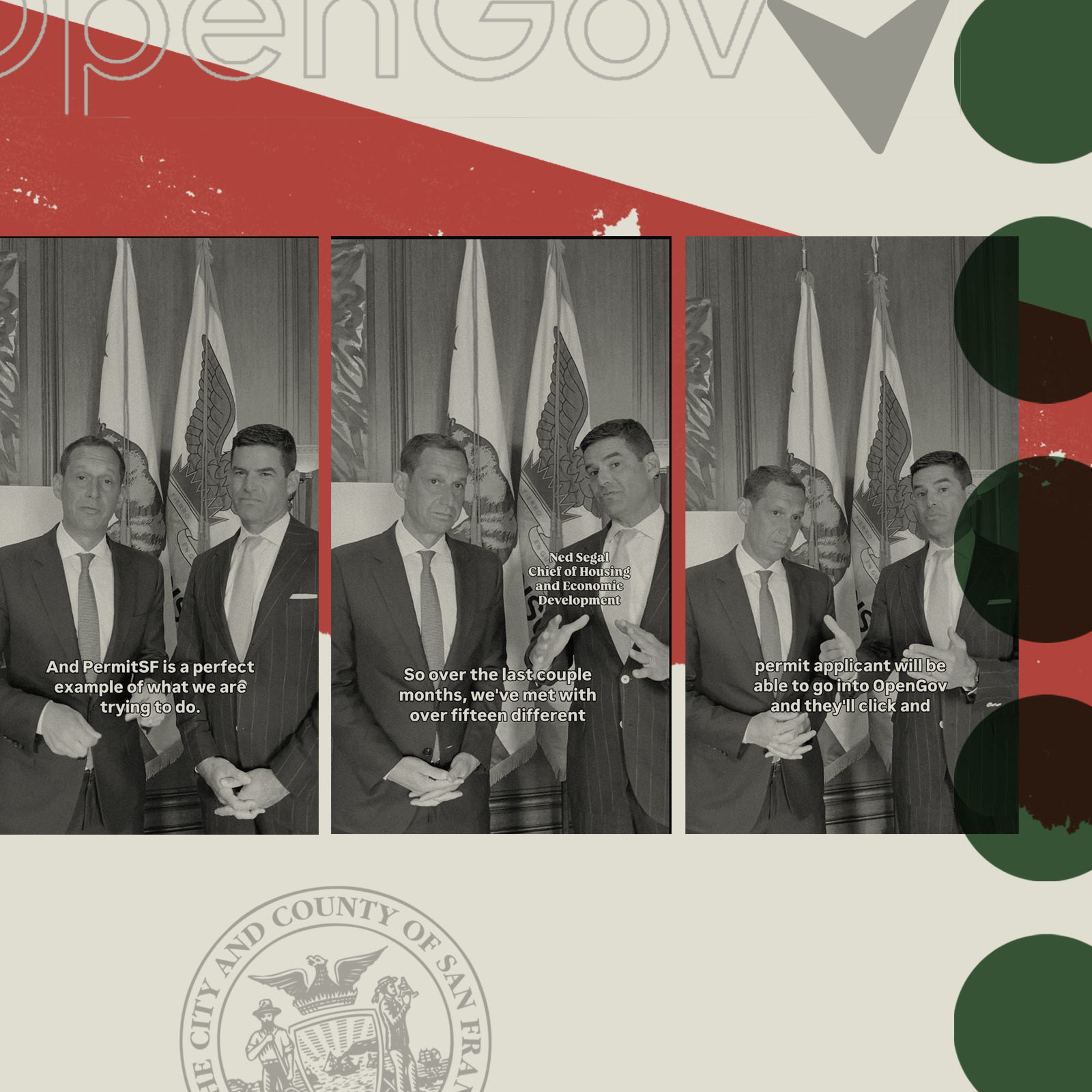 Two men in suits stand in front of flags, discussing PermitSF and OpenGov, highlighting meetings and the ease of using the permit application process.