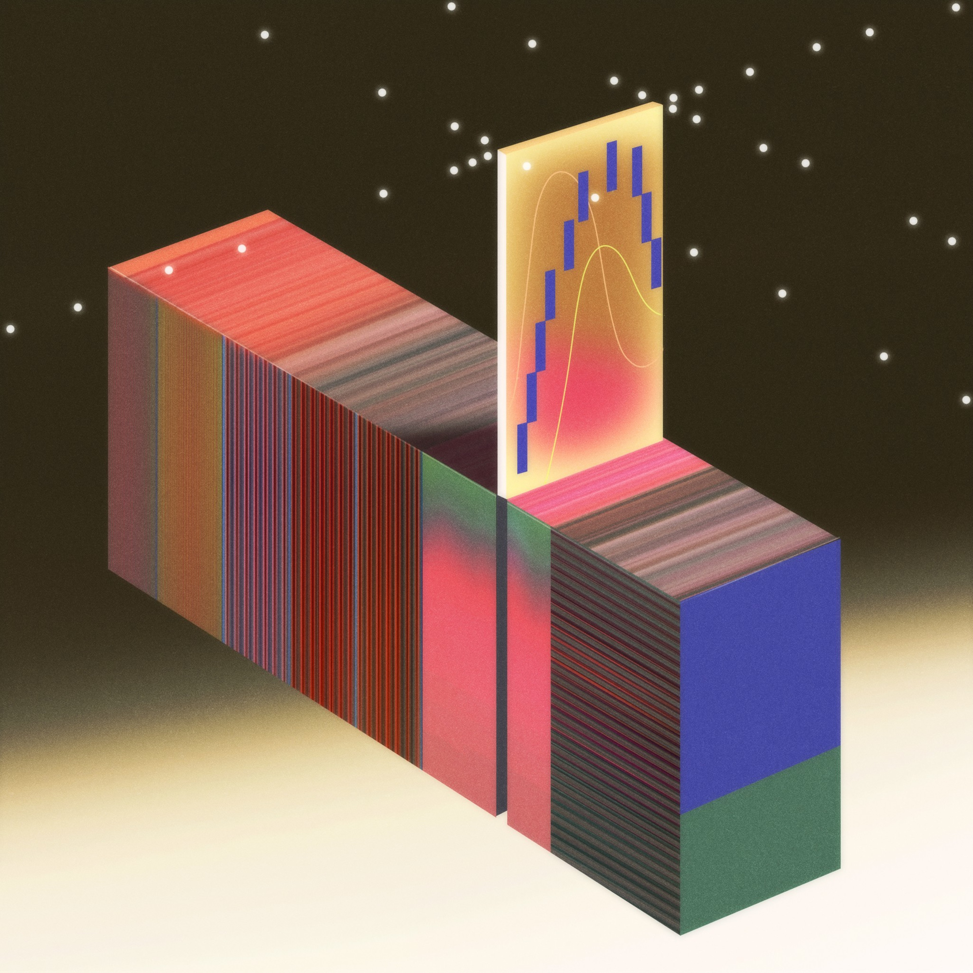 The image features two colorful, textured rectangular blocks intersecting to form an L-shape. A glowing graph-like panel stands between them, with a starry background.