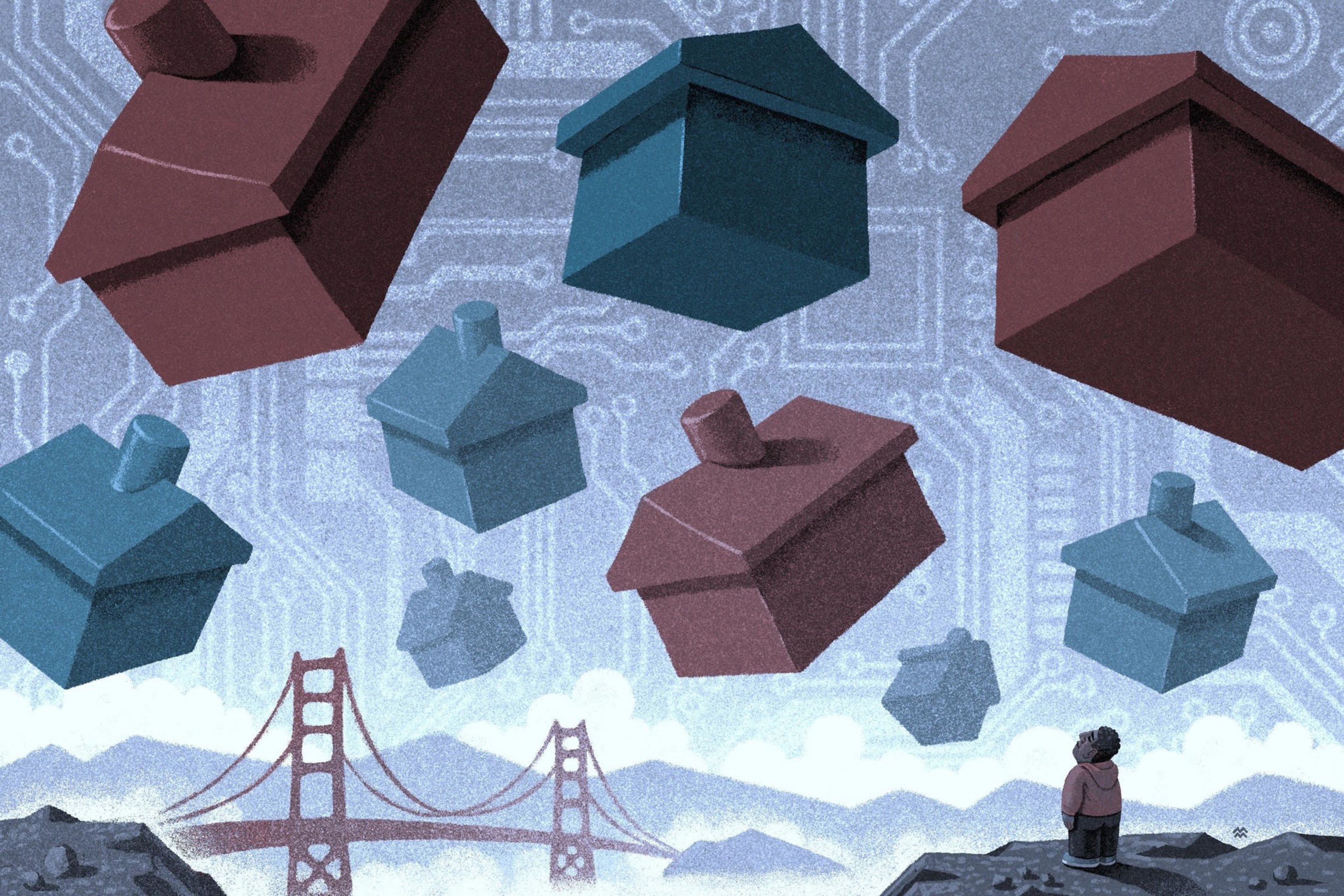 Floating houses in red and blue hover in a sky patterned like a circuit board. A person stands on ground looking at them, with a bridge visible in the distance.
