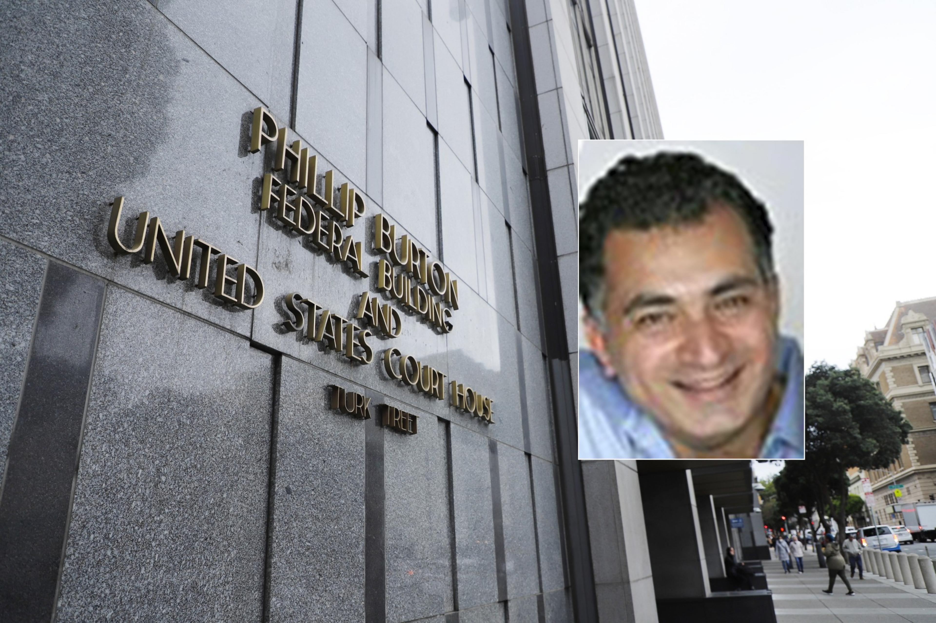 An inset photo of a man Reza Khoshnevisan, right, on top of the Phillip Burton Federal Building and U.S. Courthouse.
