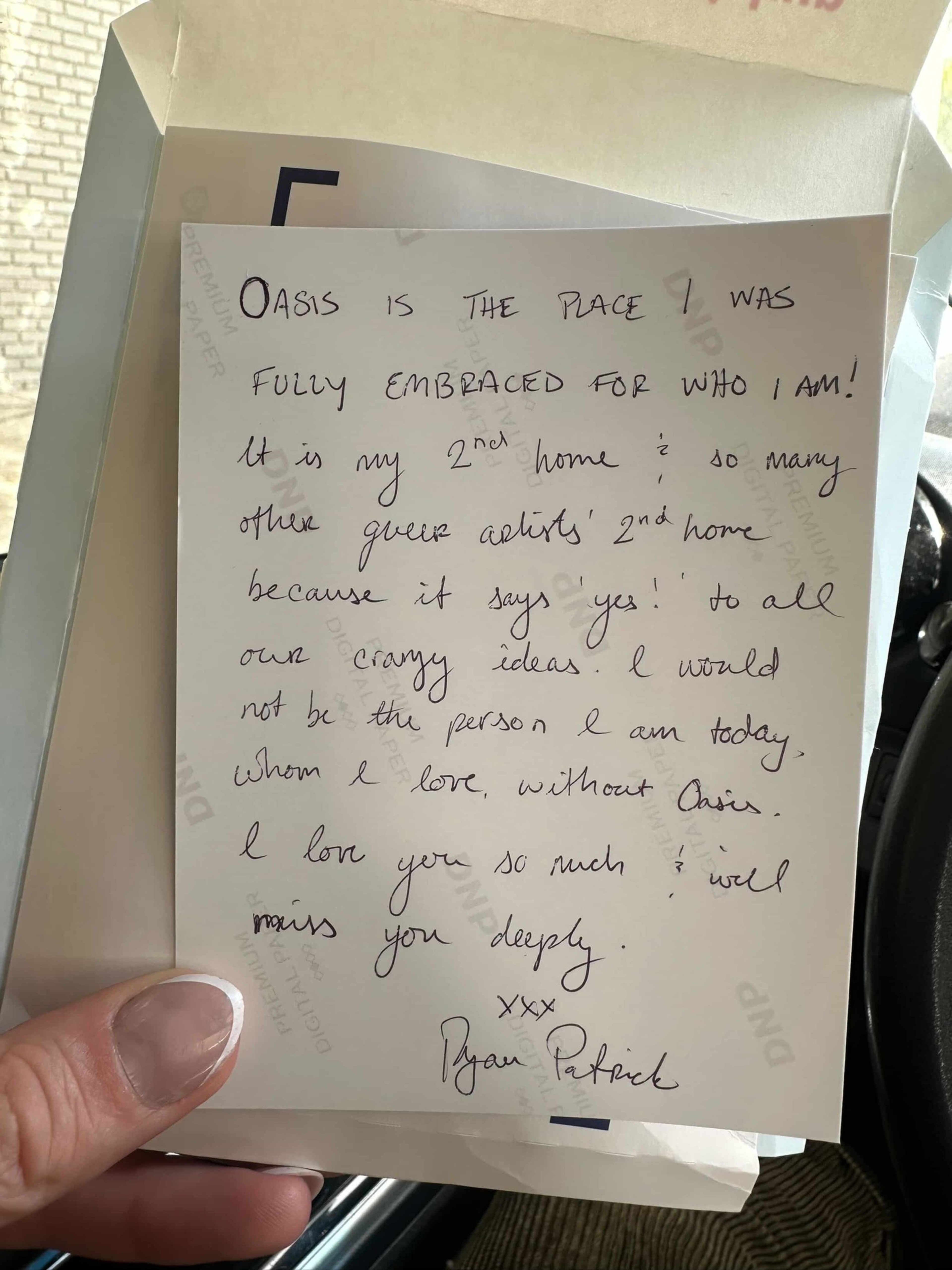 A handwritten note expresses deep gratitude to Oasis for acceptance and love, calling it a second home and saying it has shaped the writer's identity.