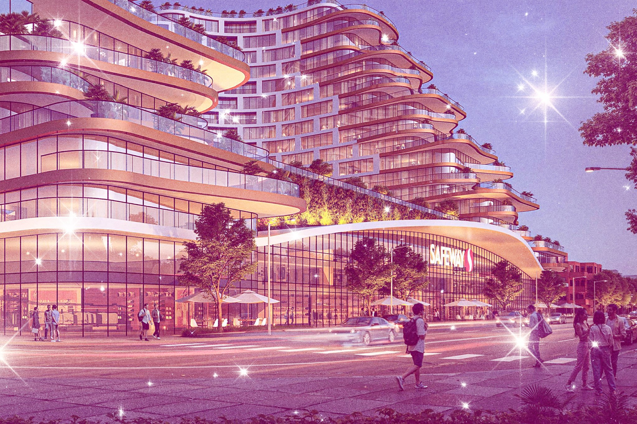 Curved, multi-story building with large glass windows, greenery on balconies, and a Safeway store at street level with people and cars nearby.