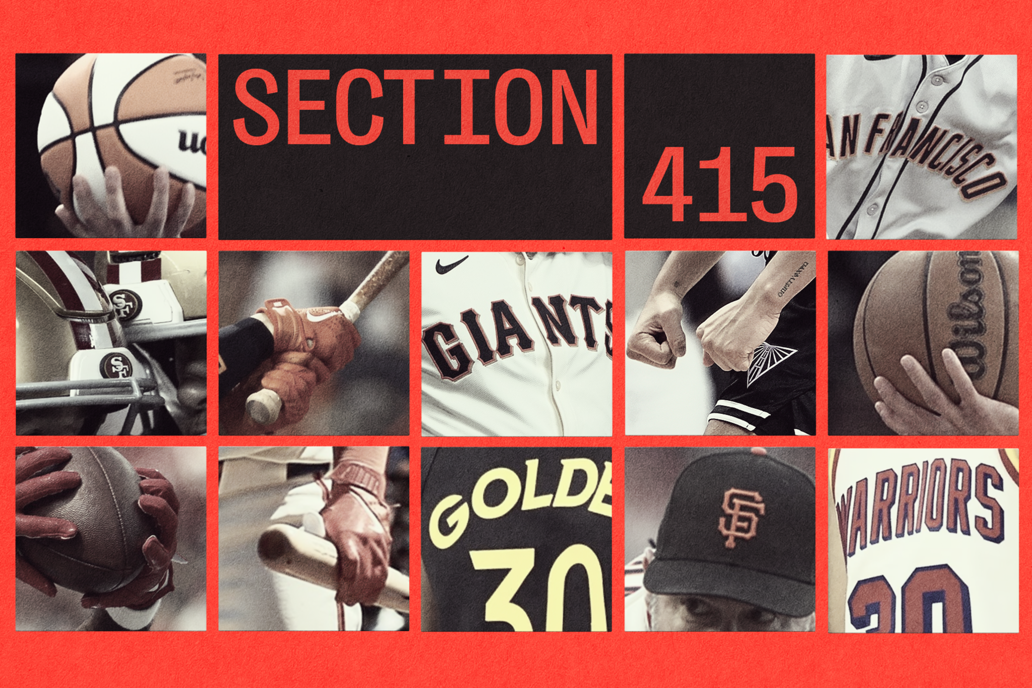 Collage of sports images featuring basketball, baseball, football, and San Francisco teams with text "SECTION 415" on a red background.