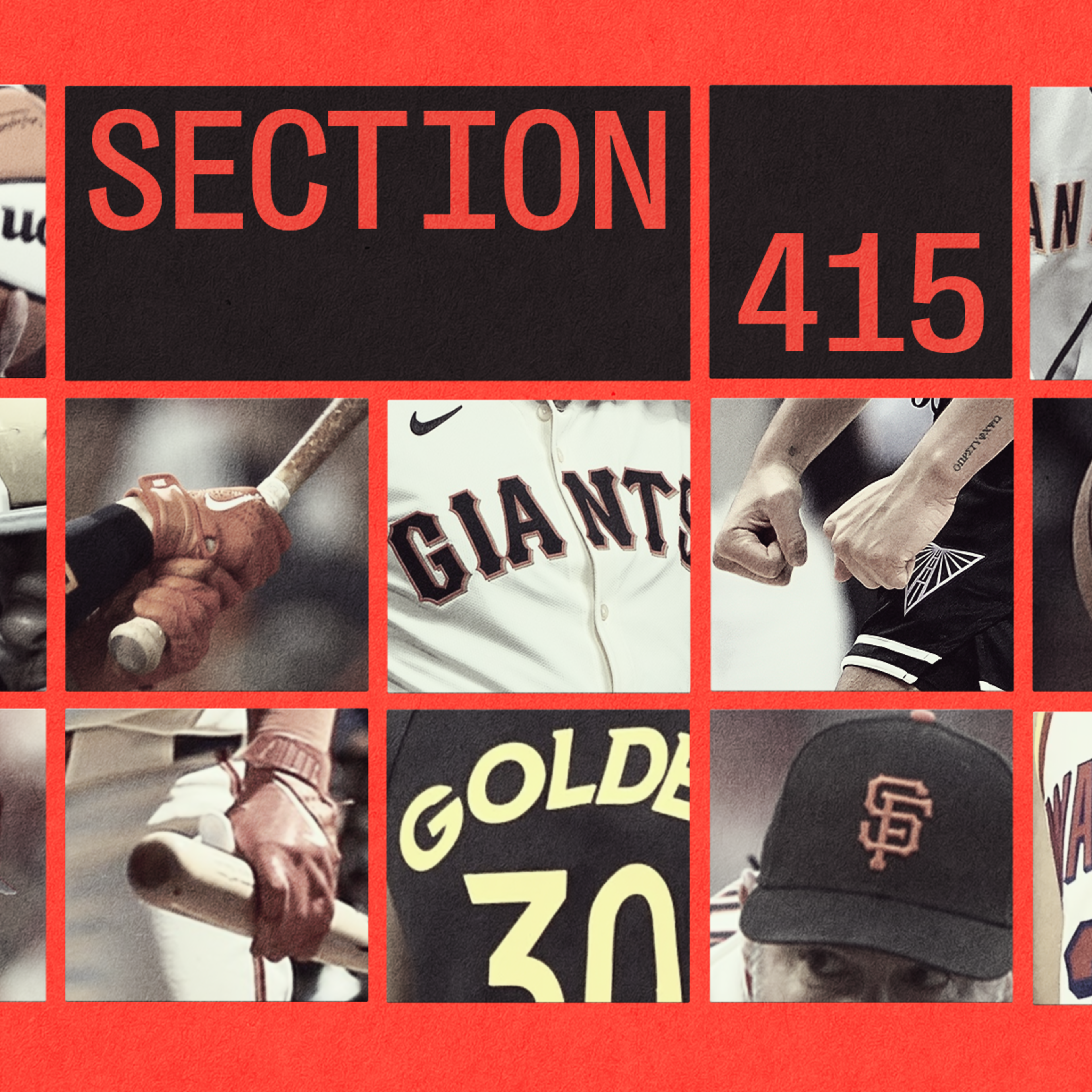 Collage of sports images featuring basketball, baseball, football, and San Francisco teams with text "SECTION 415" on a red background.