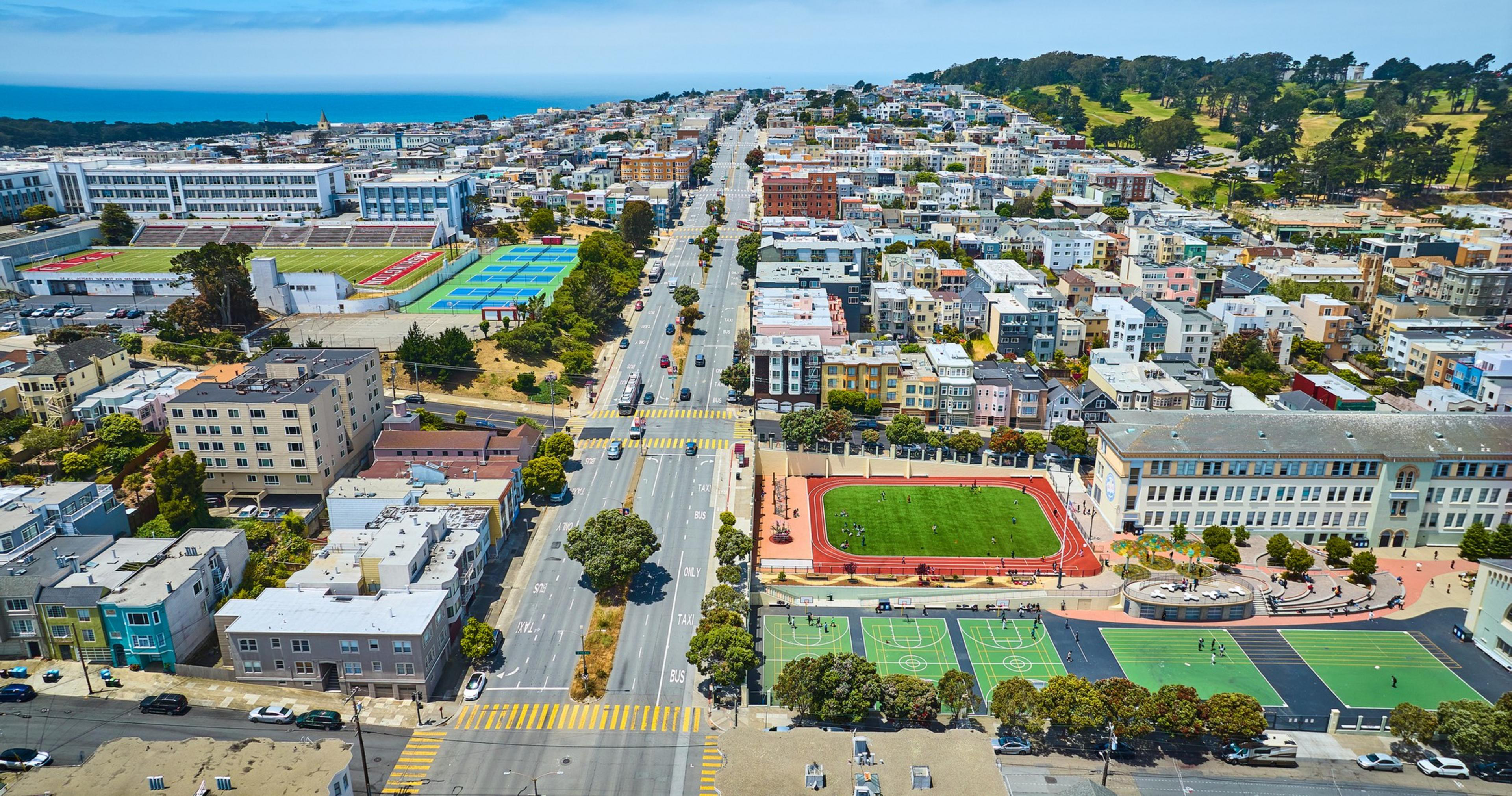 a cityscape is seen from above