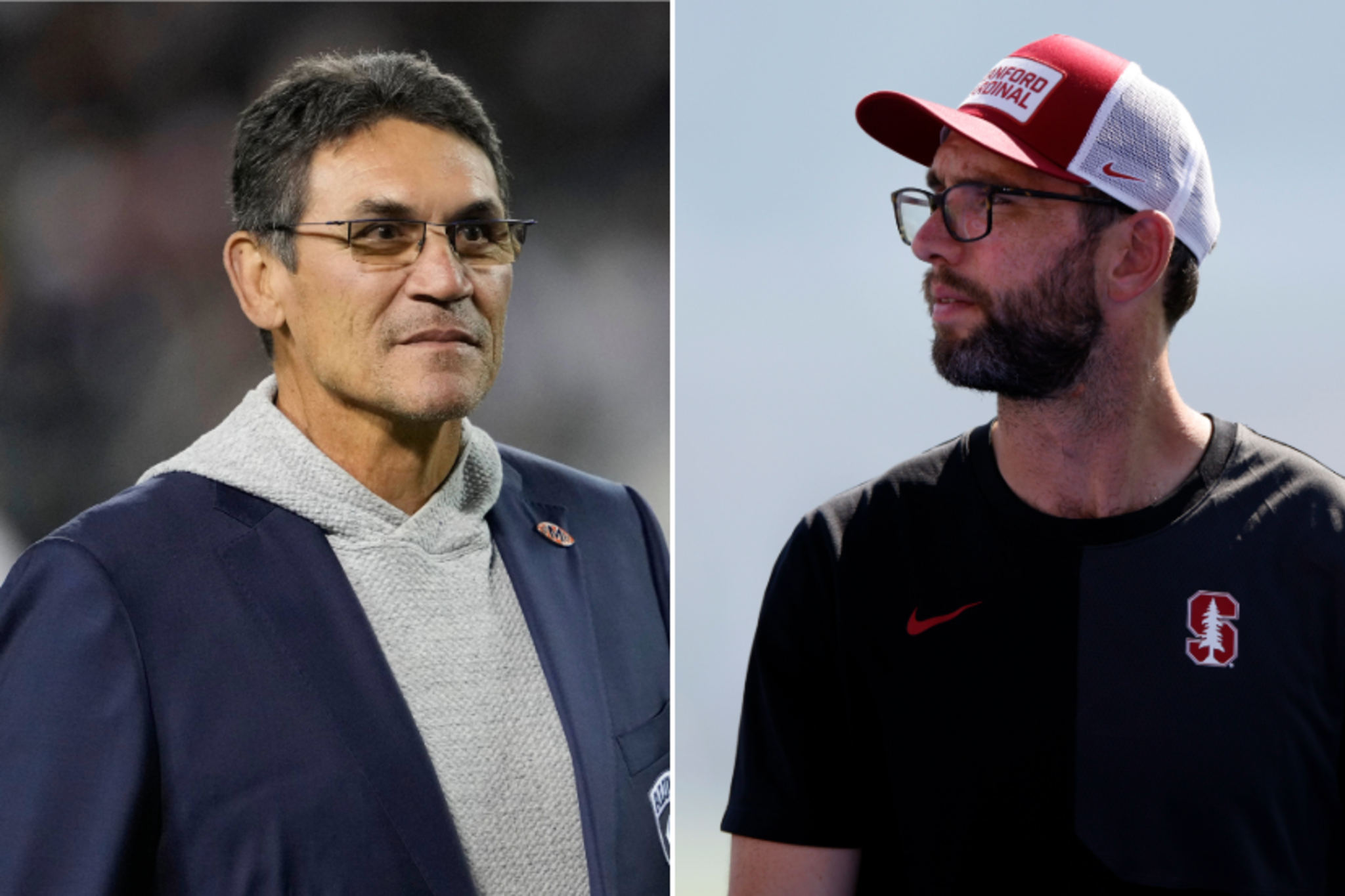 A man in glasses with short black hair wears a gray hoodie under a dark blazer, while another man with a beard and glasses wears a Stanford cap and black shirt.