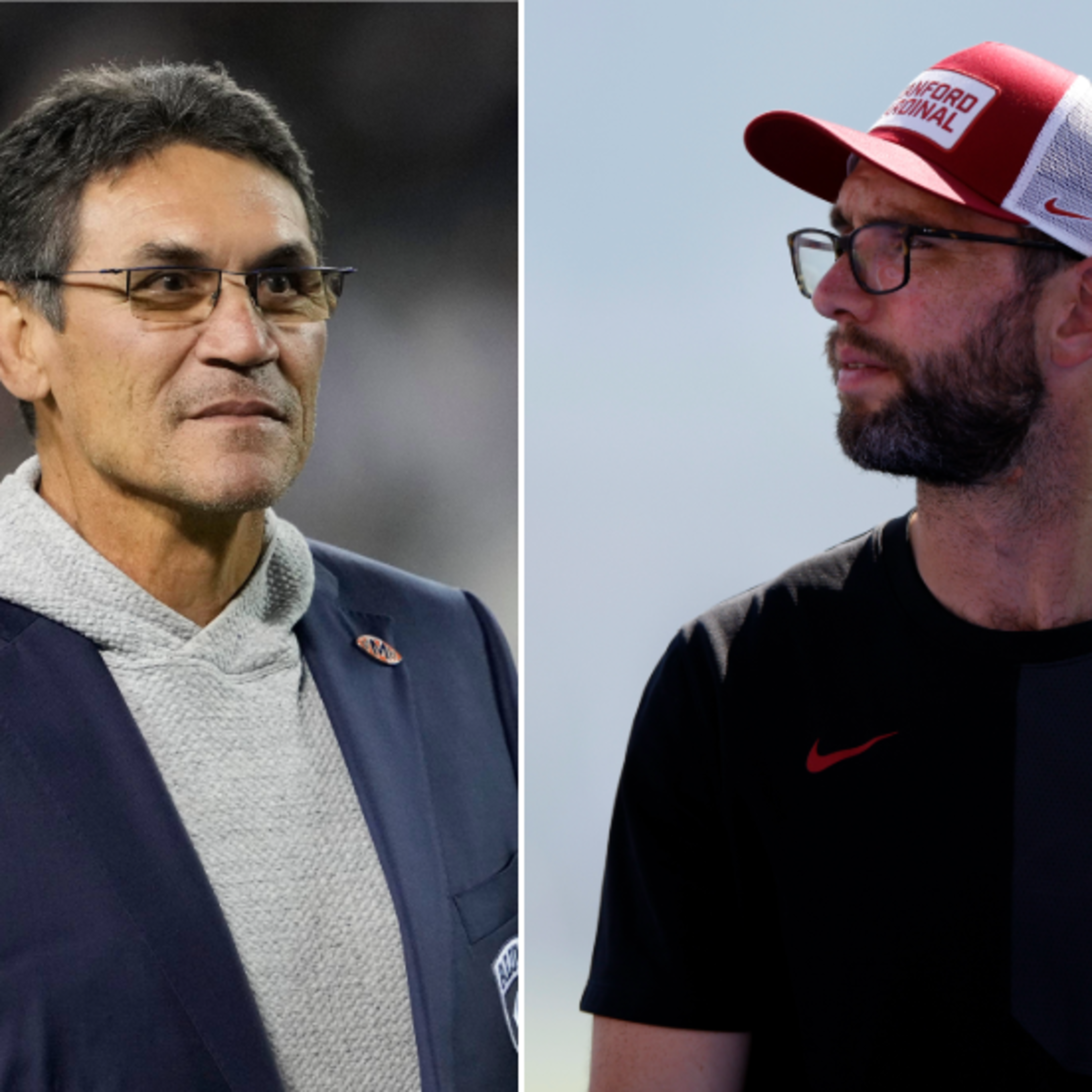 A man in glasses with short black hair wears a gray hoodie under a dark blazer, while another man with a beard and glasses wears a Stanford cap and black shirt.