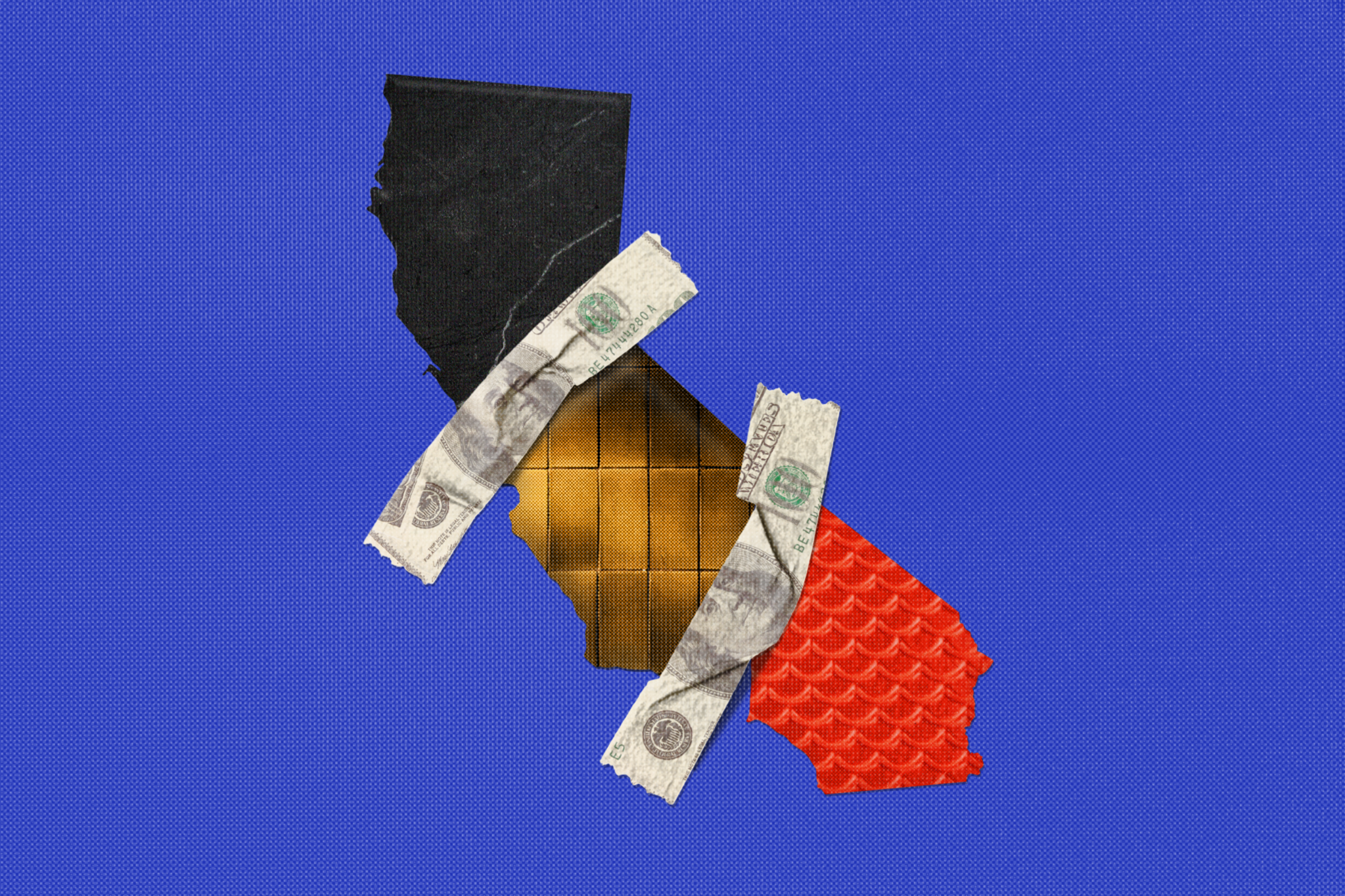 A California state silhouette is divided into three textured sections, held together by U.S. dollar bill strips against a blue background.