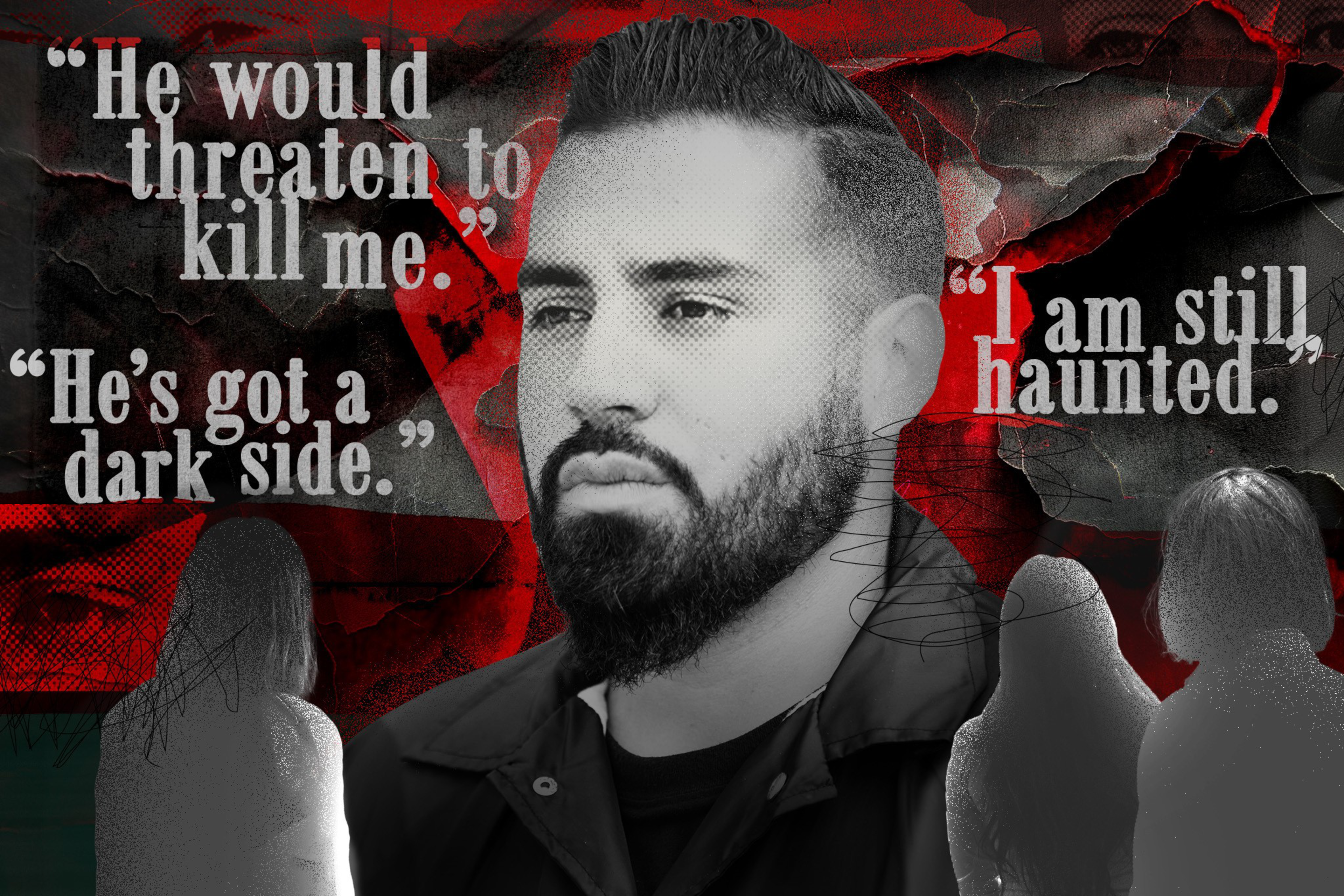 A man's face, with ominous quotes and silhouettes of people, suggests a theme of threat and fear.