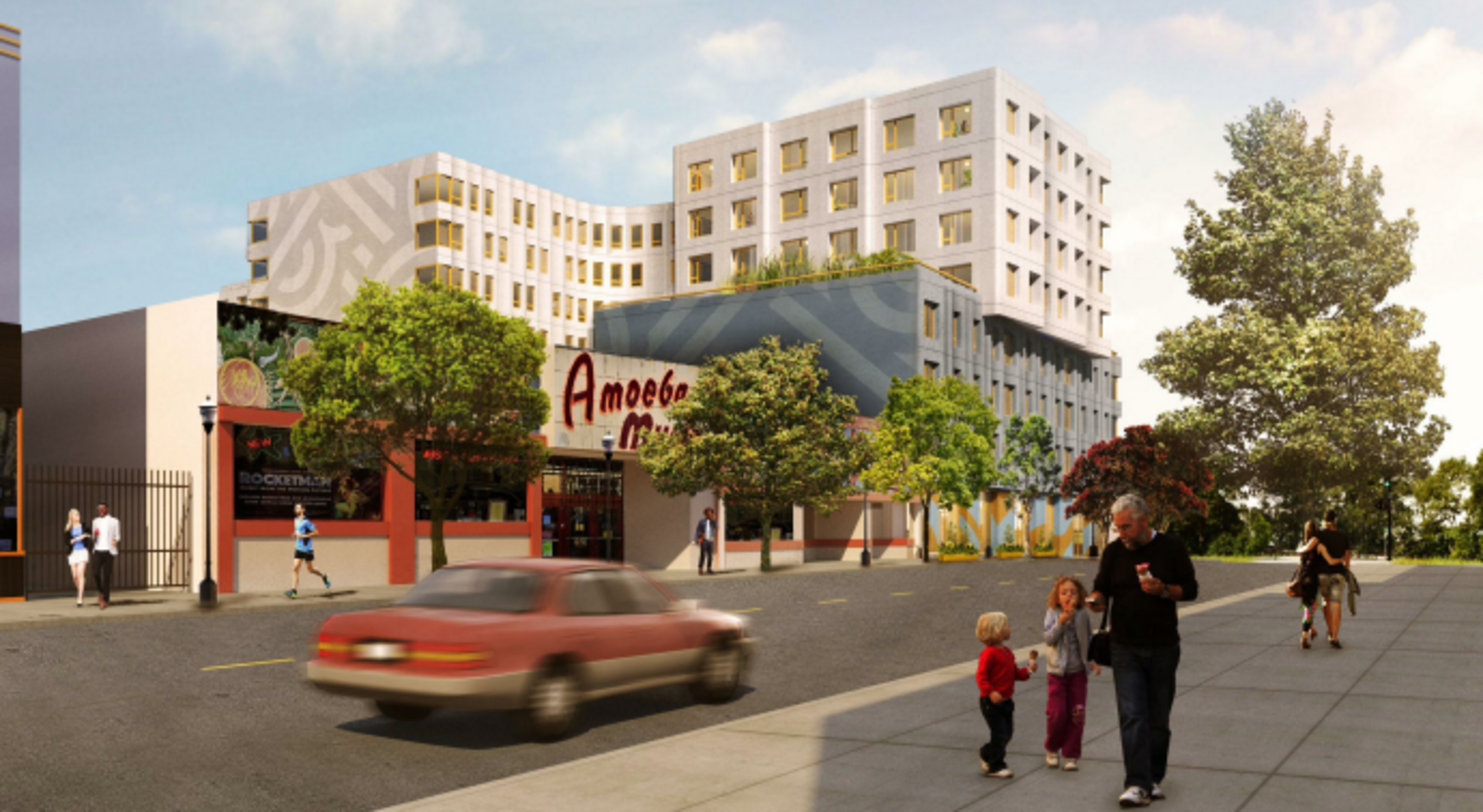 A street scene with a red car, several people walking on the sidewalk, trees, and a building with a sign reading "Amoeba Music."
