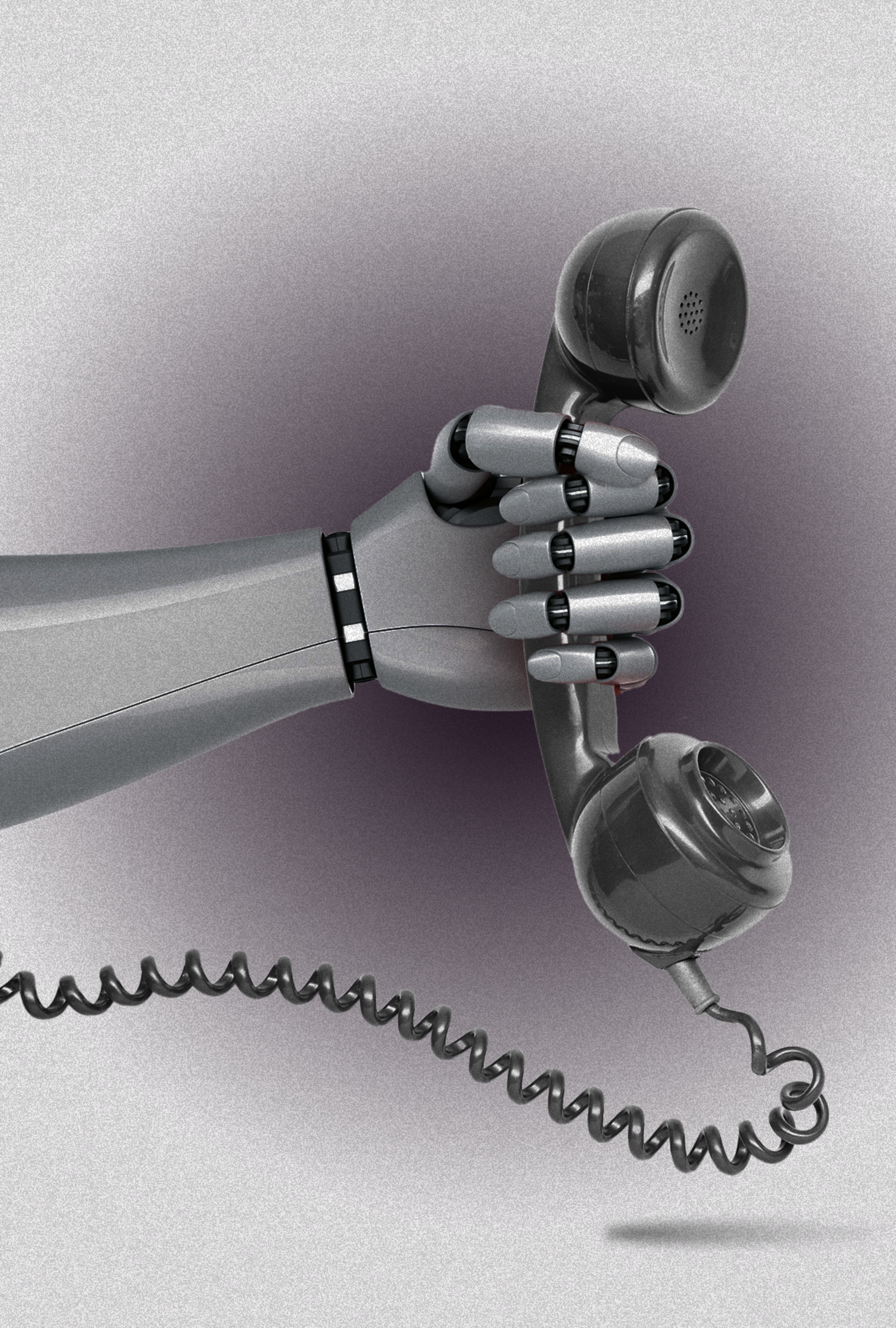 A robotic hand holds a classic black telephone handset, with its cord dangling below against a gradient gray background.