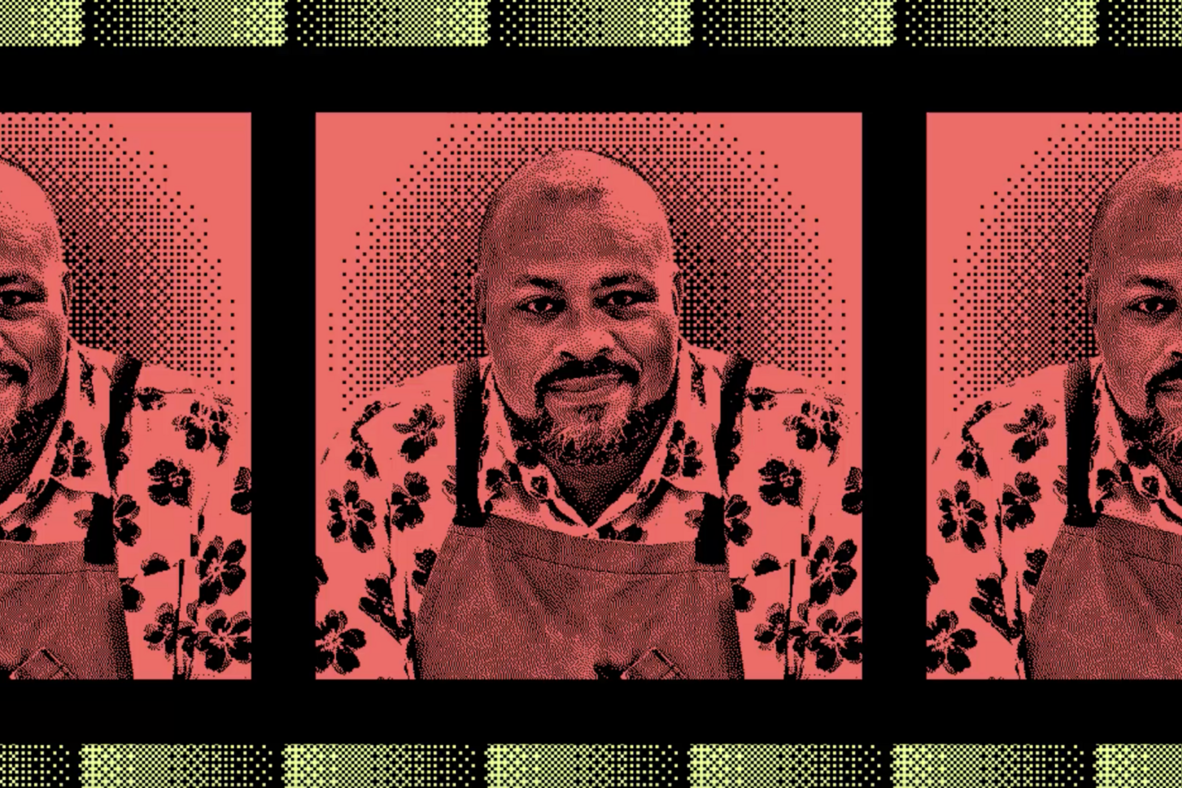 The image features a repeated pattern of a man smiling, wearing a floral shirt and apron. The background is a red halftone design, creating a pop art effect.