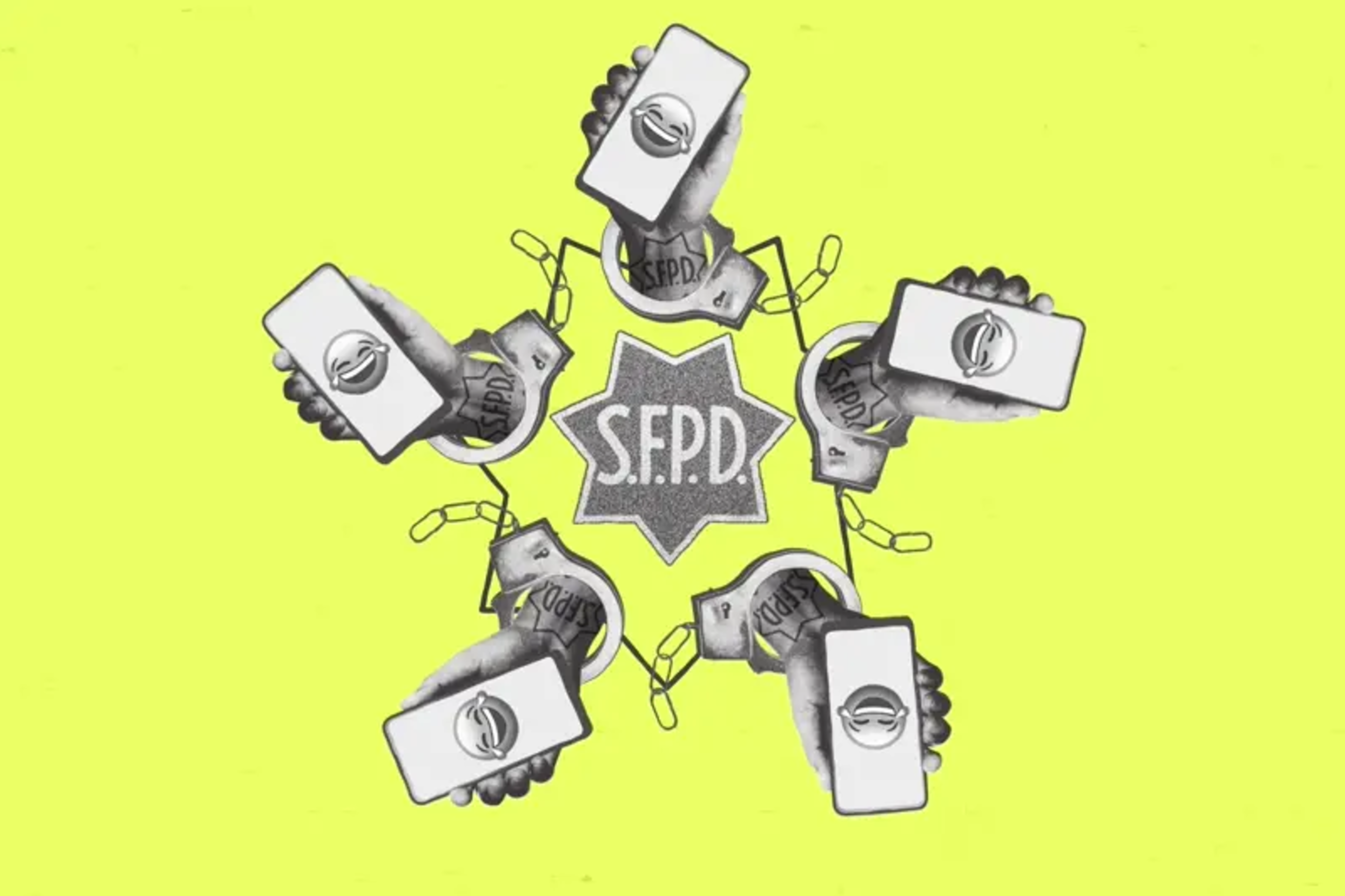 A star-shaped S.F.P.D. badge is at the center, surrounded by six hands holding smartphones on a bright yellow background.
