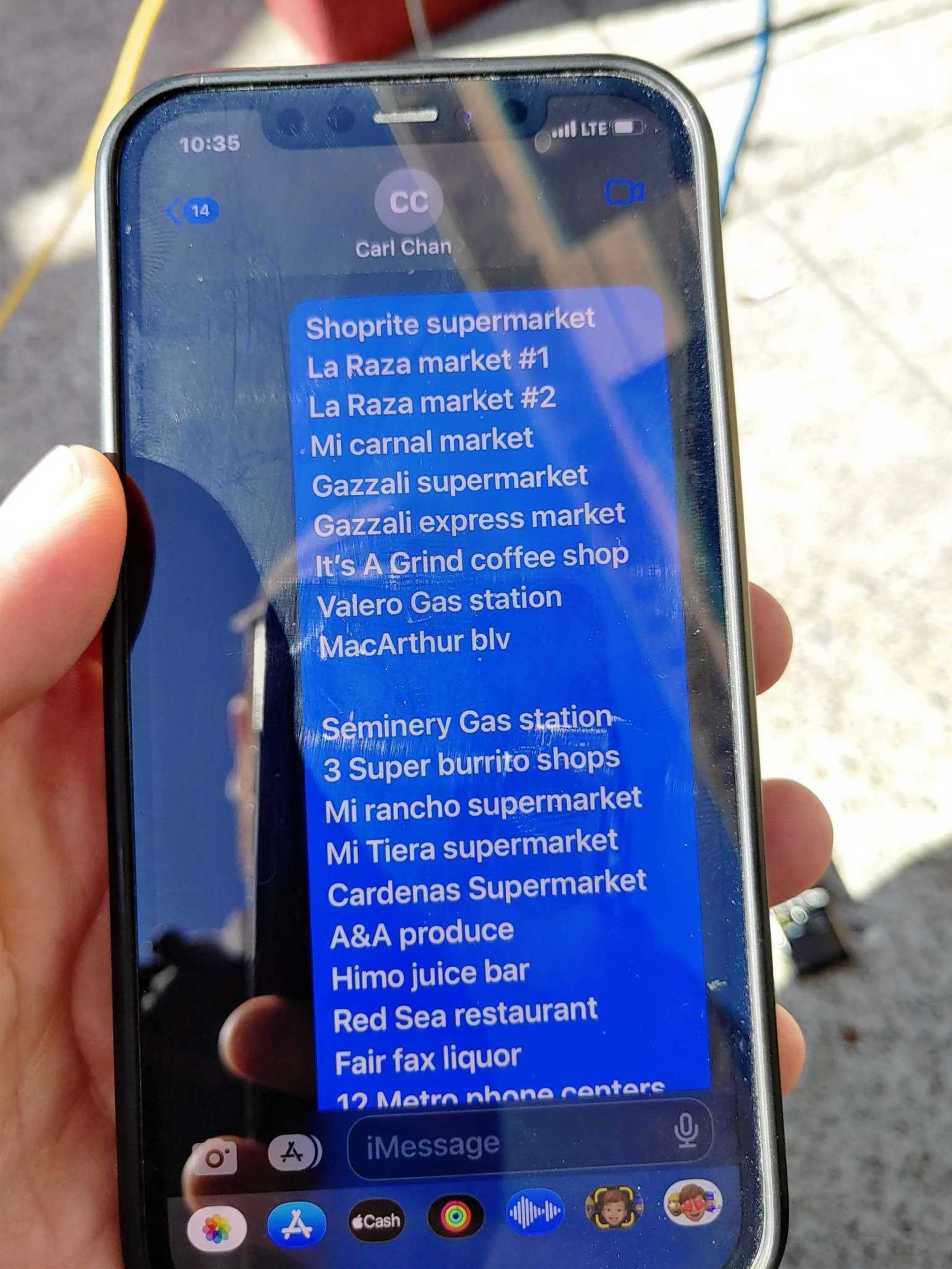 A list of grocery stores, markets, gas stations, restaurants, and shops is displayed on a phone screen in a text message conversation.