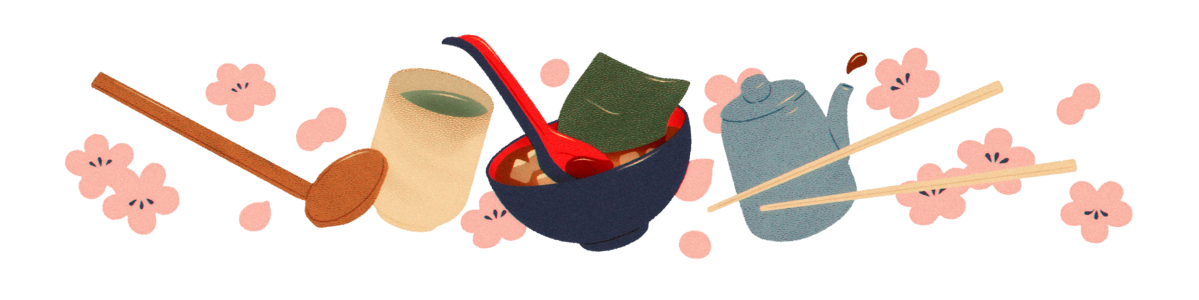 A wooden ladle, a cup with green liquid, a bowl of soup with seaweed and a red spoon, a blue teapot, and chopsticks float among pink cherry blossoms.