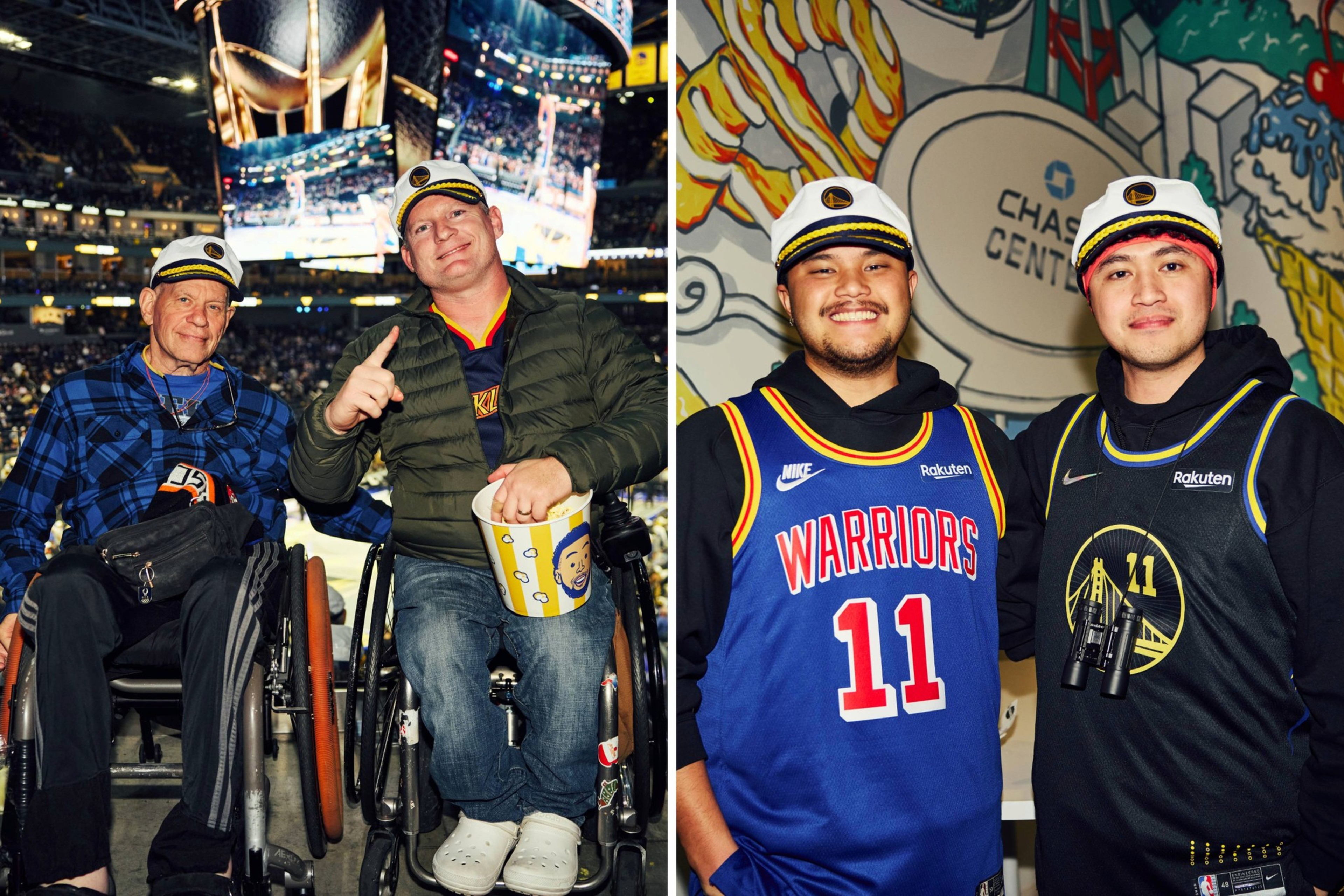 Two men in wheelchairs wearing Warriors gear are at a basketball game, holding popcorn. Next to them, two younger men in Warriors jerseys pose in front of a mural.