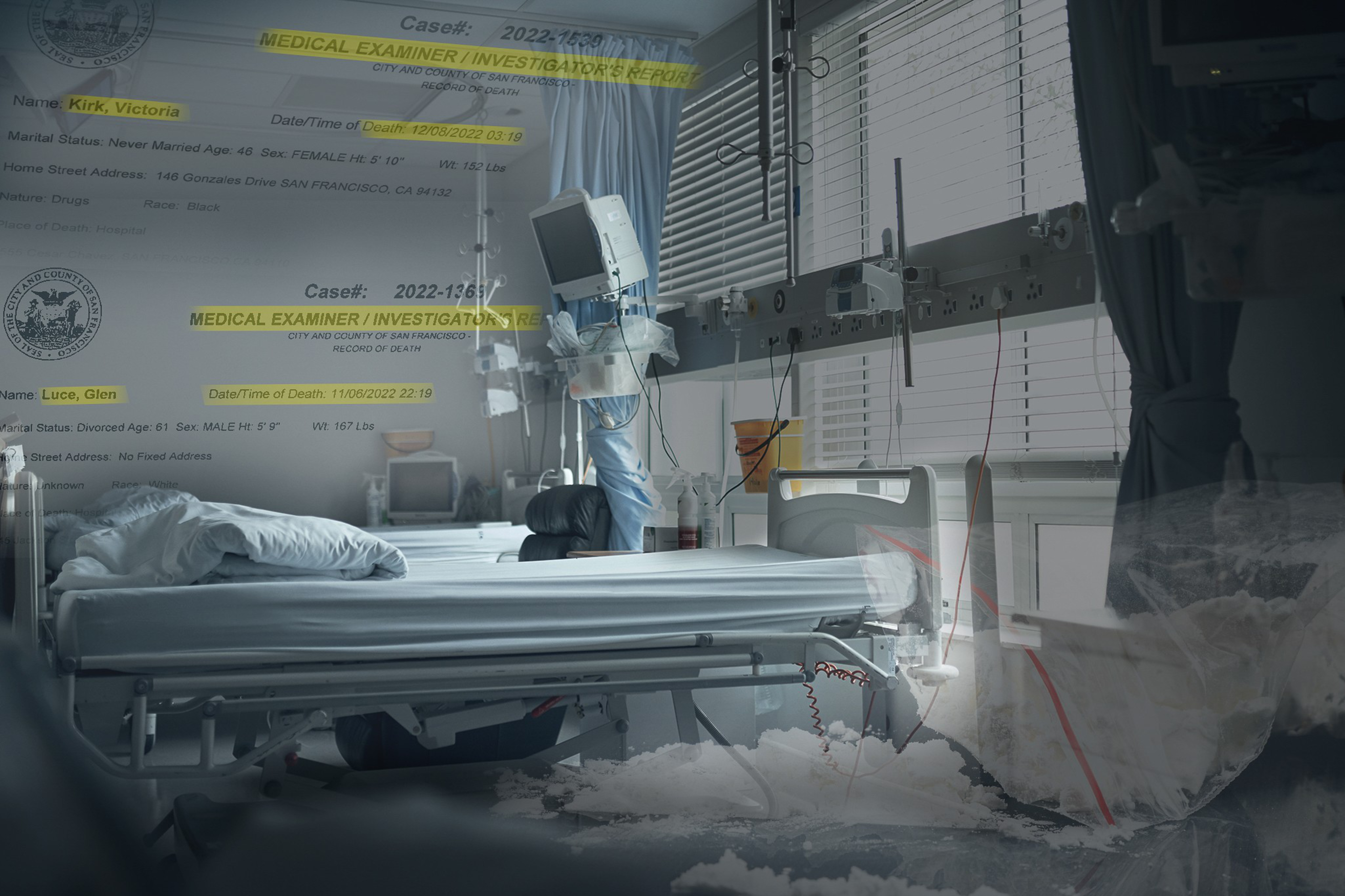 The image shows a hospital room with an empty bed and medical equipment. Superimposed over this are medical examiner reports detailing the deaths of Victoria Kirk and Glen Luce.