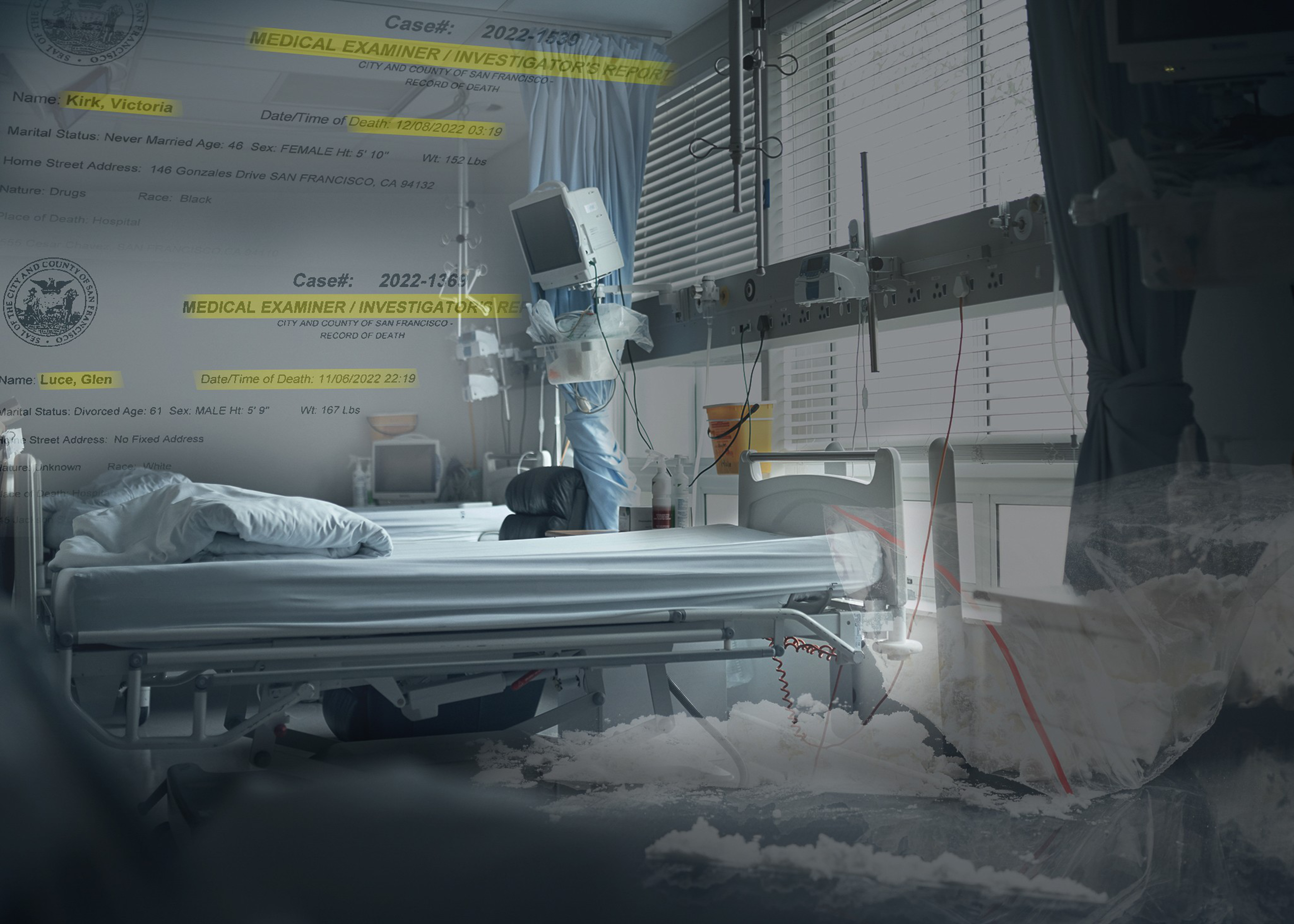 The image shows a hospital room with an empty bed and medical equipment. Superimposed over this are medical examiner reports detailing the deaths of Victoria Kirk and Glen Luce.