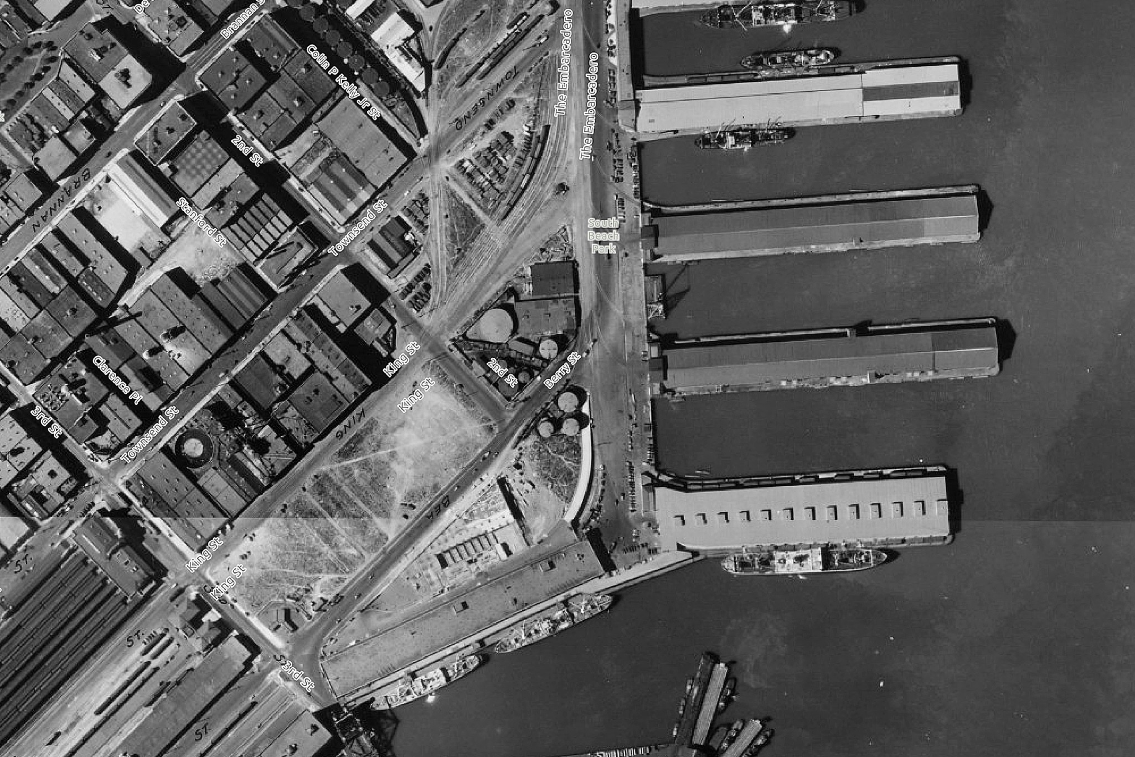 An aerial view of the China Basin area of in San Franciscoâ€™s SoMa district in 1938 which includes the King and 3rd Streets which later became the location for the San Francisco Giants baseball park.